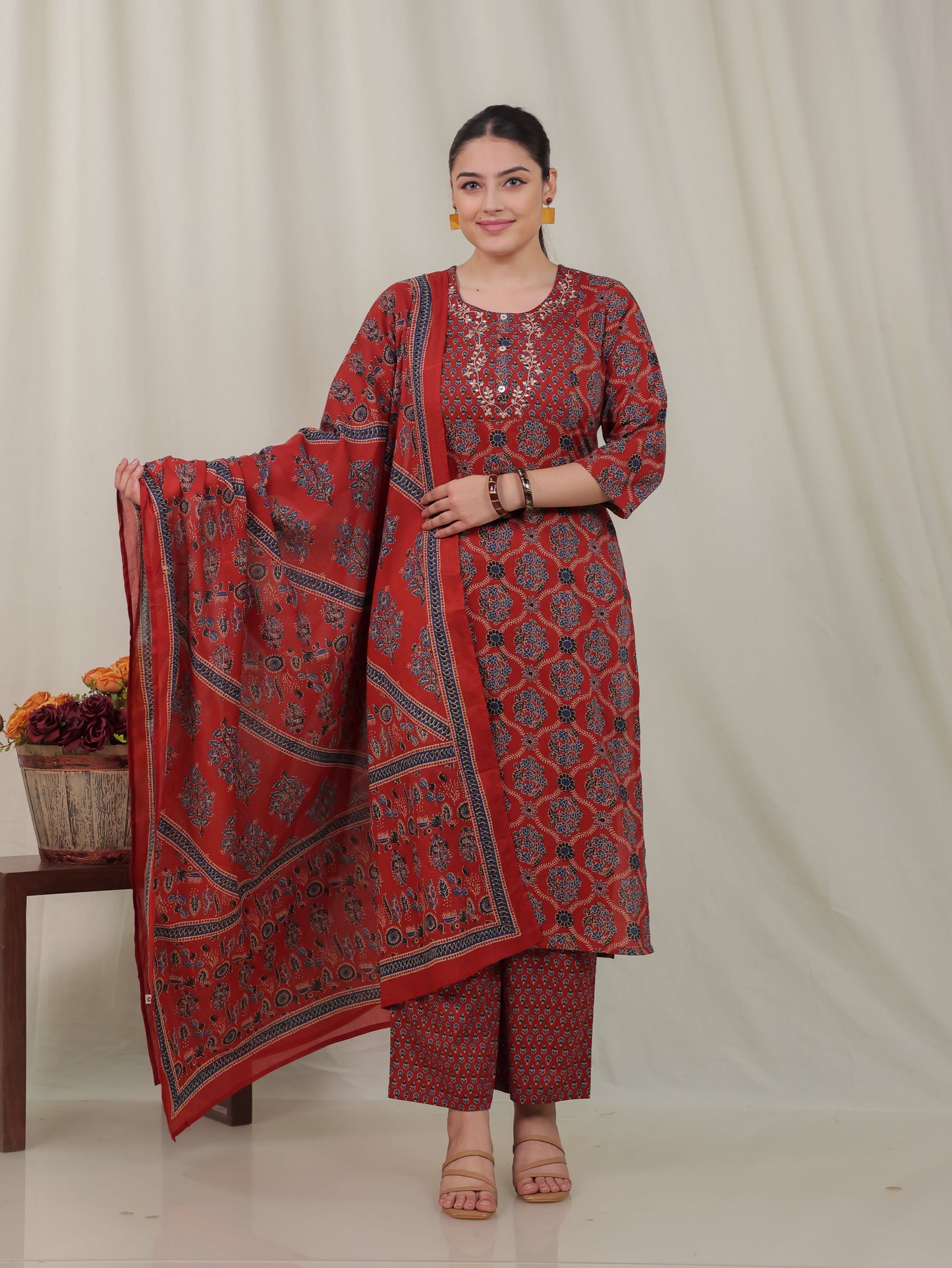 Embroidered Soft Cotton Geometric Straight Rust Kurta