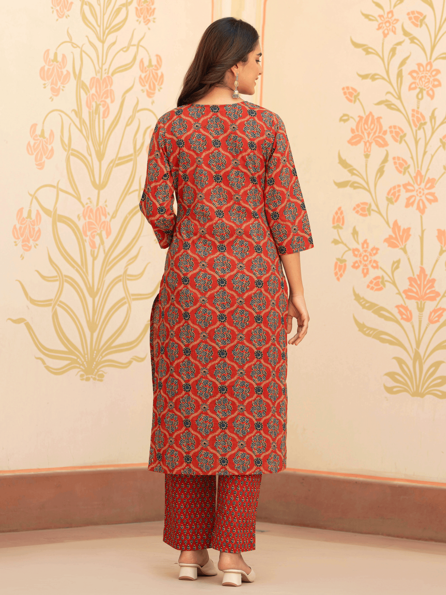 Embroidered Soft Cotton Geometric Straight Rust Kurta