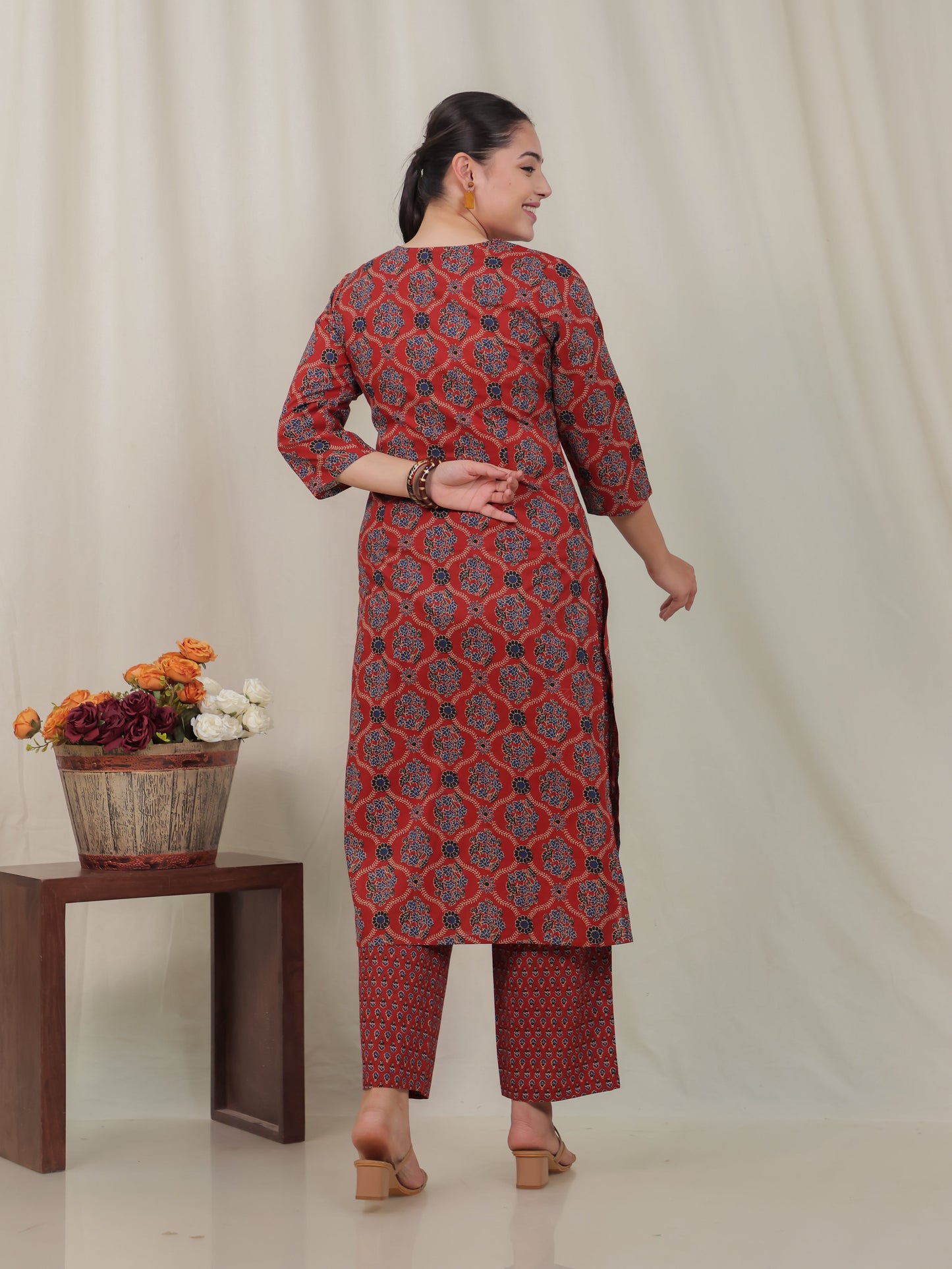 Embroidered Soft Cotton Geometric Straight Rust Kurta