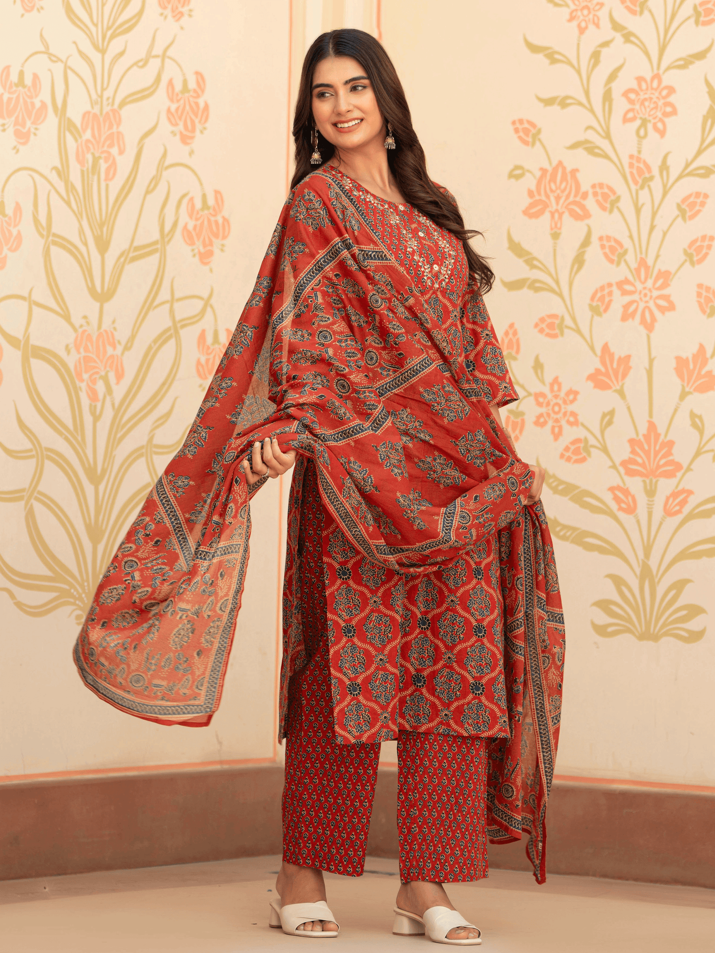 Embroidered Soft Cotton Geometric Straight Rust Kurta