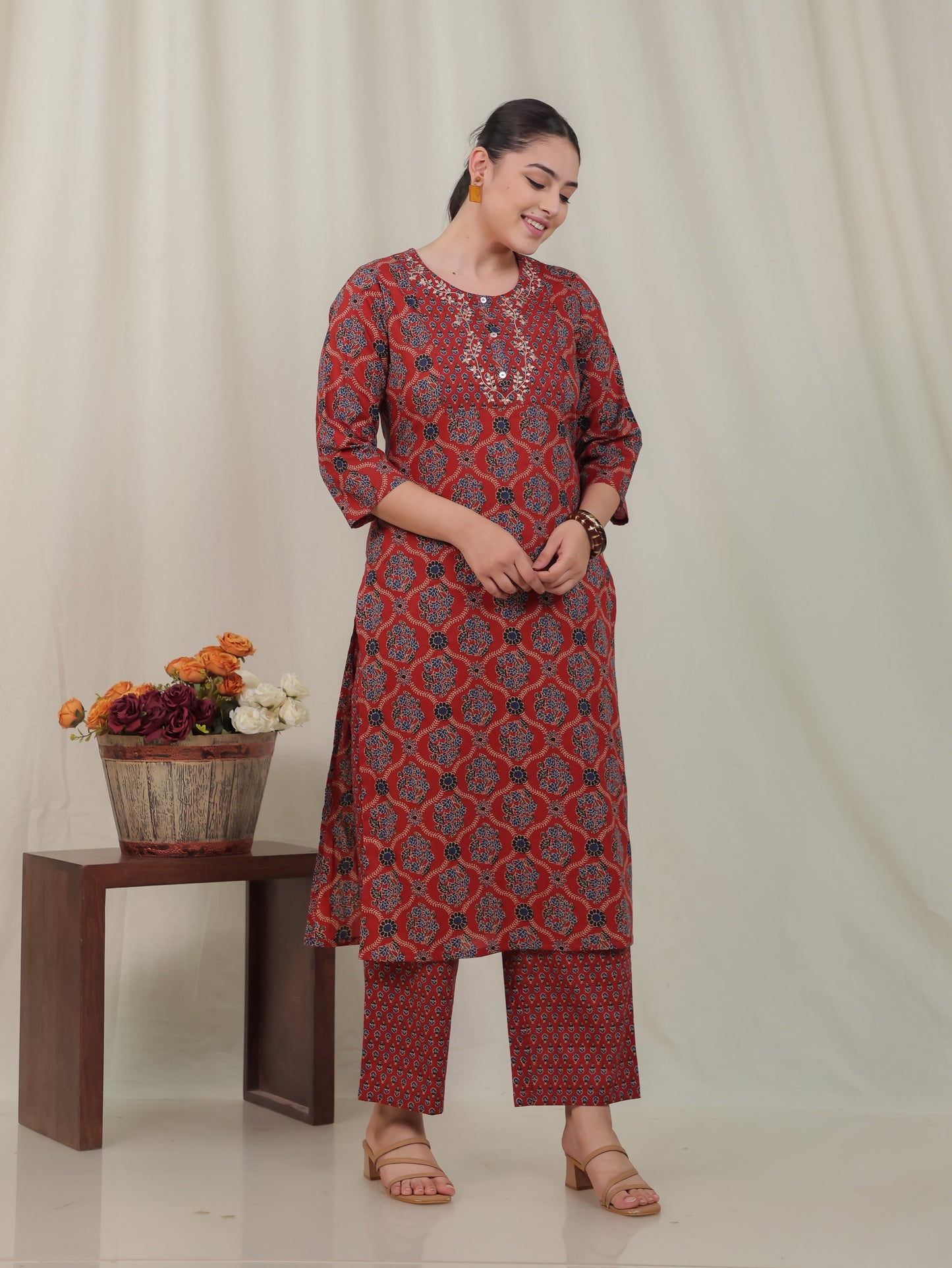 Embroidered Soft Cotton Geometric Straight Rust Kurta
