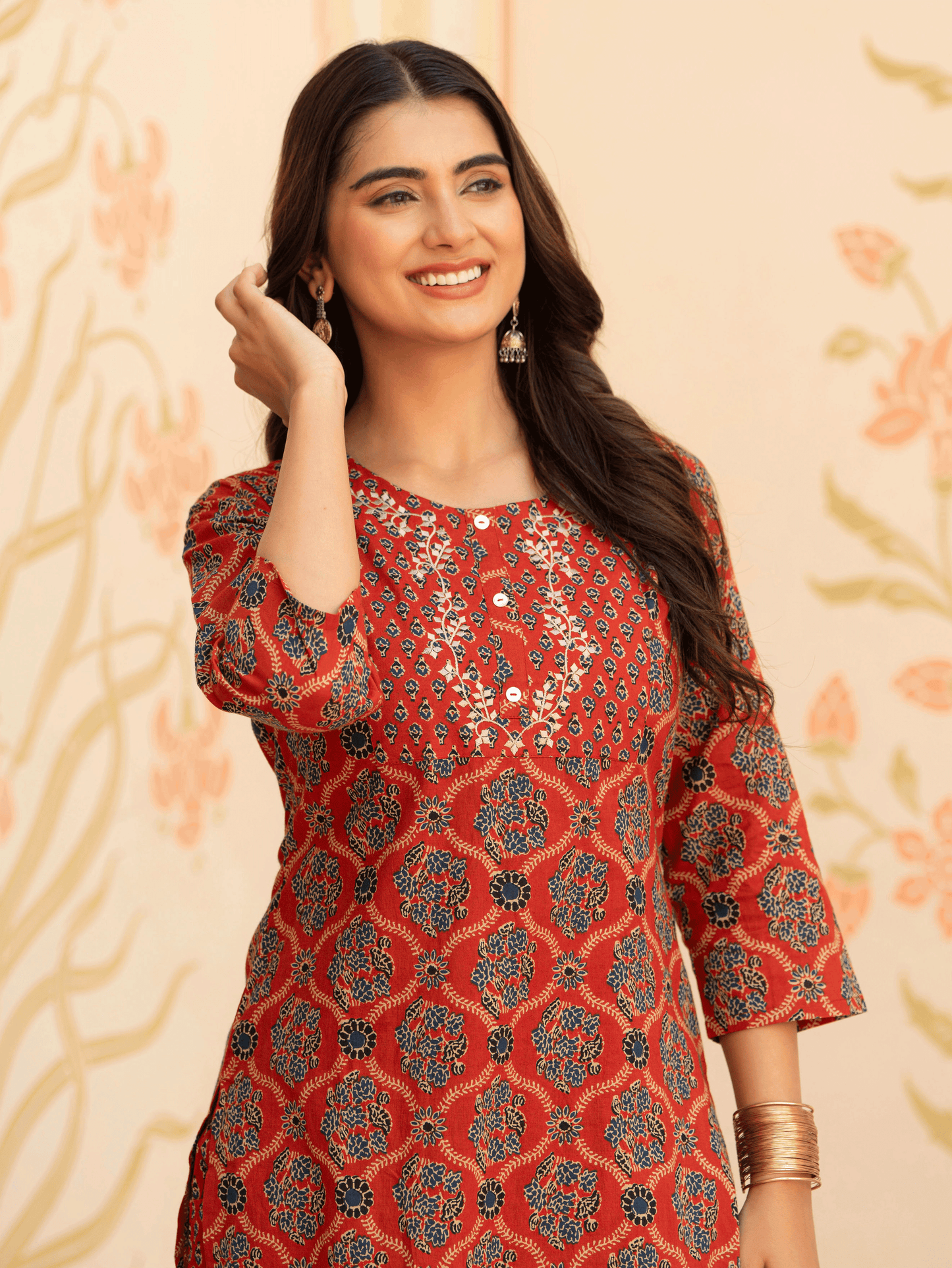 Embroidered Soft Cotton Geometric Straight Rust Kurta