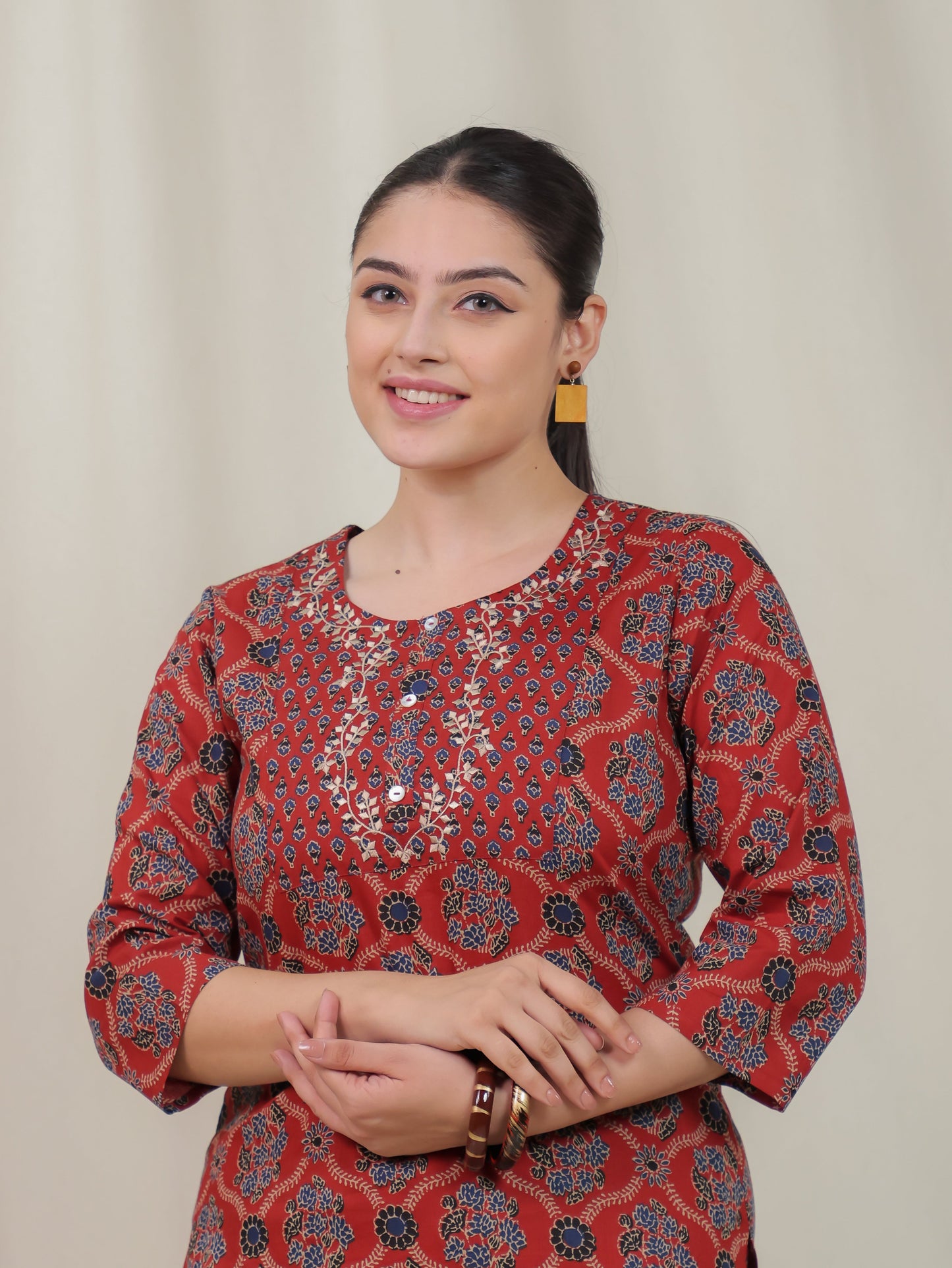 Embroidered Soft Cotton Geometric Straight Rust Kurta