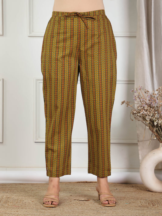 Soft Cotton Geometric Yellow Tapered Trousers