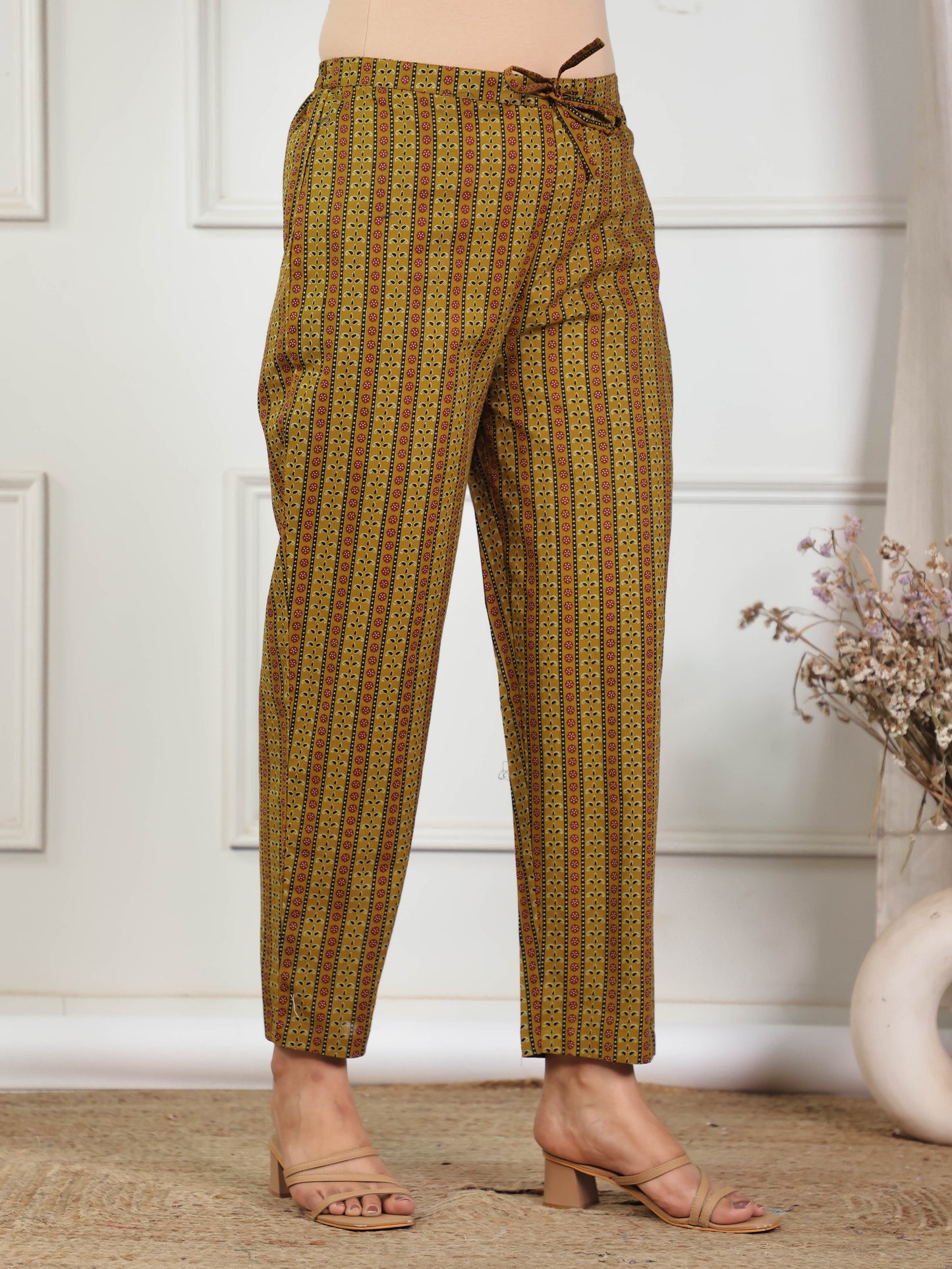 Soft Cotton Geometric Yellow Tapered Trousers