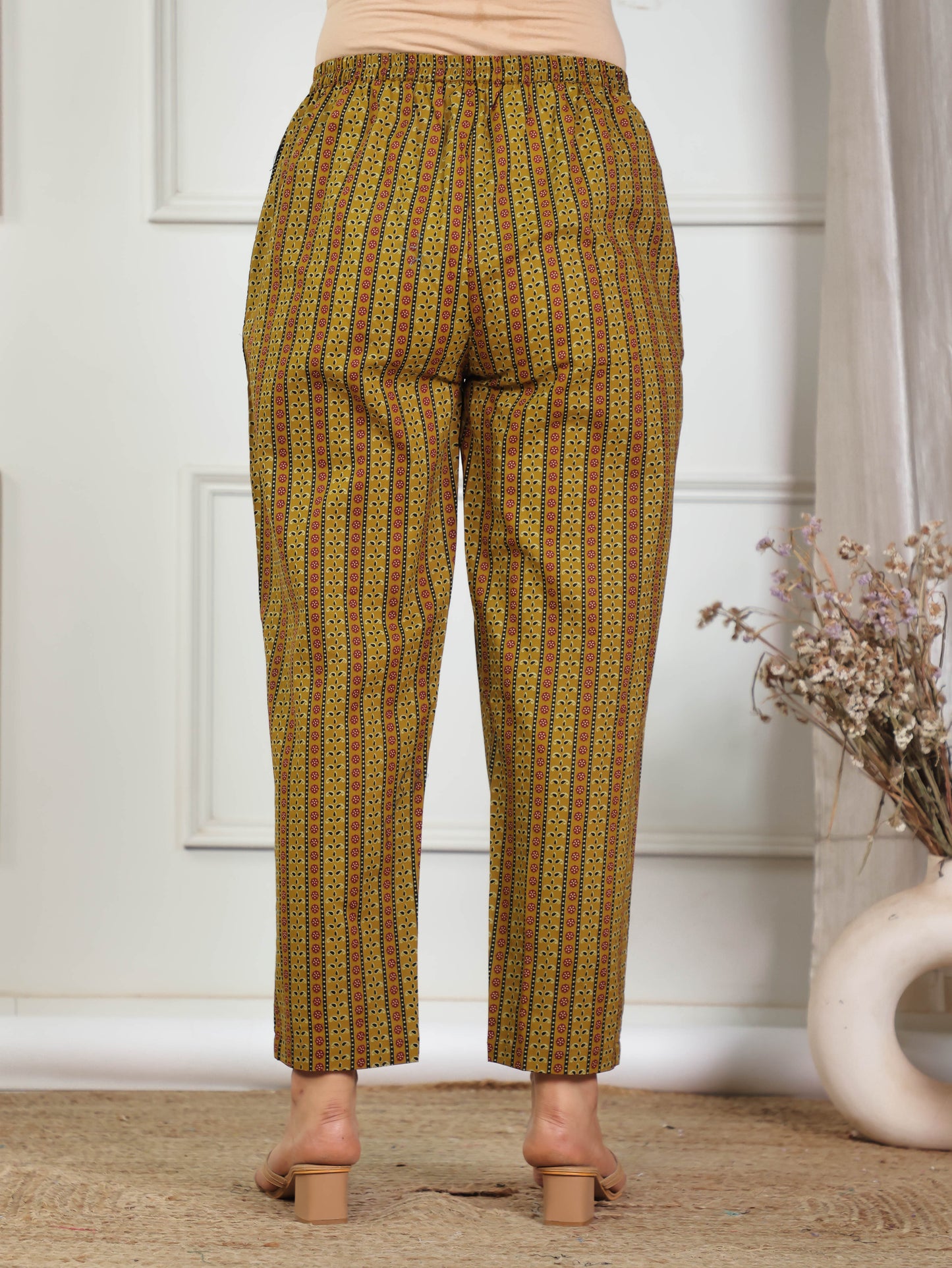 Soft Cotton Geometric Yellow Tapered Trousers
