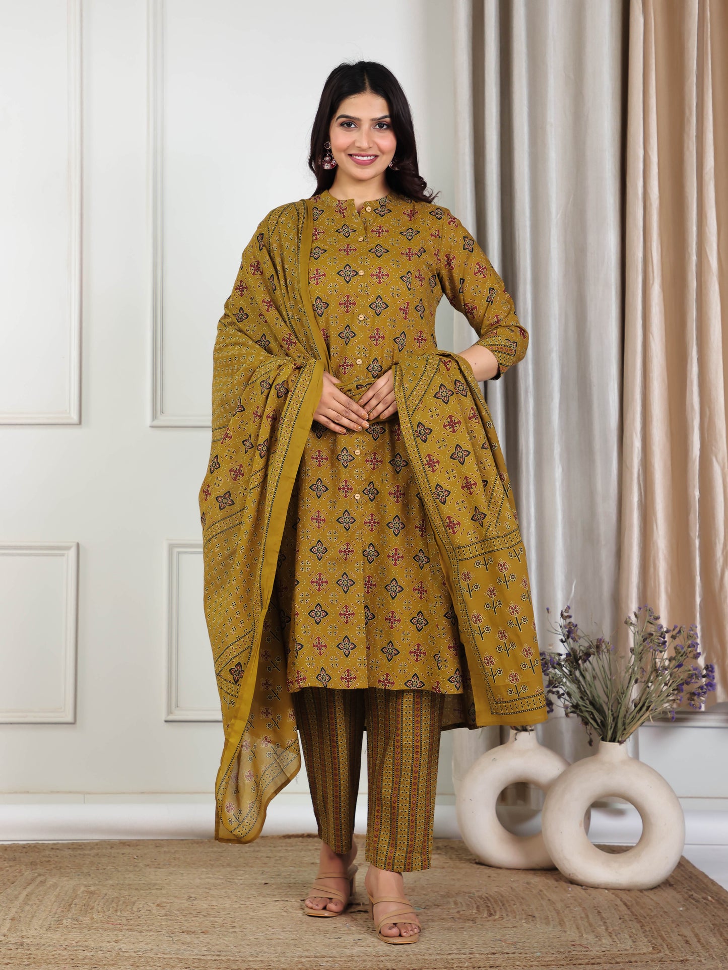 Cotton Voile Geometric Yellow Dupatta
