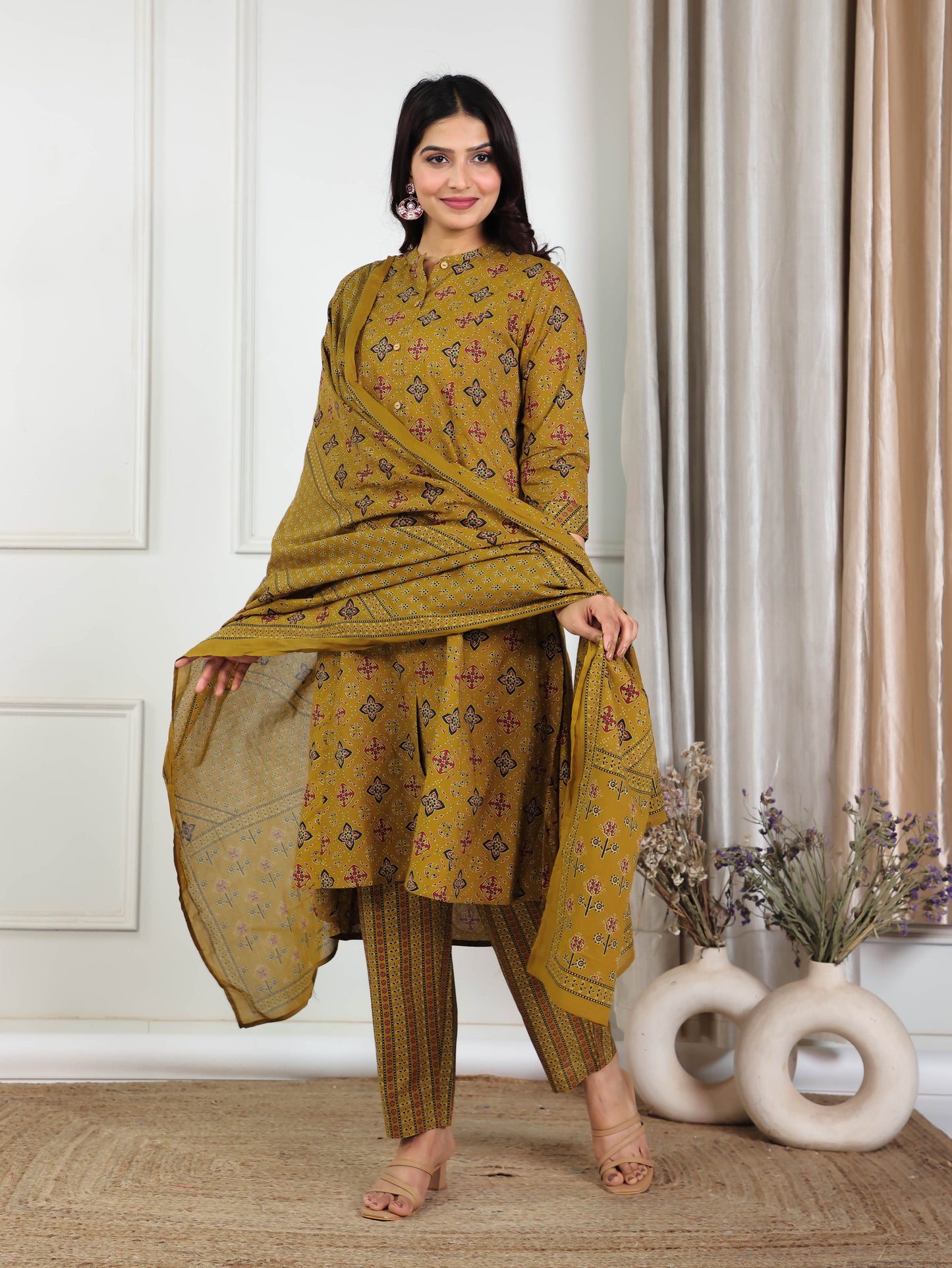 Soft Cotton Geometric High Low Yellow Kurta