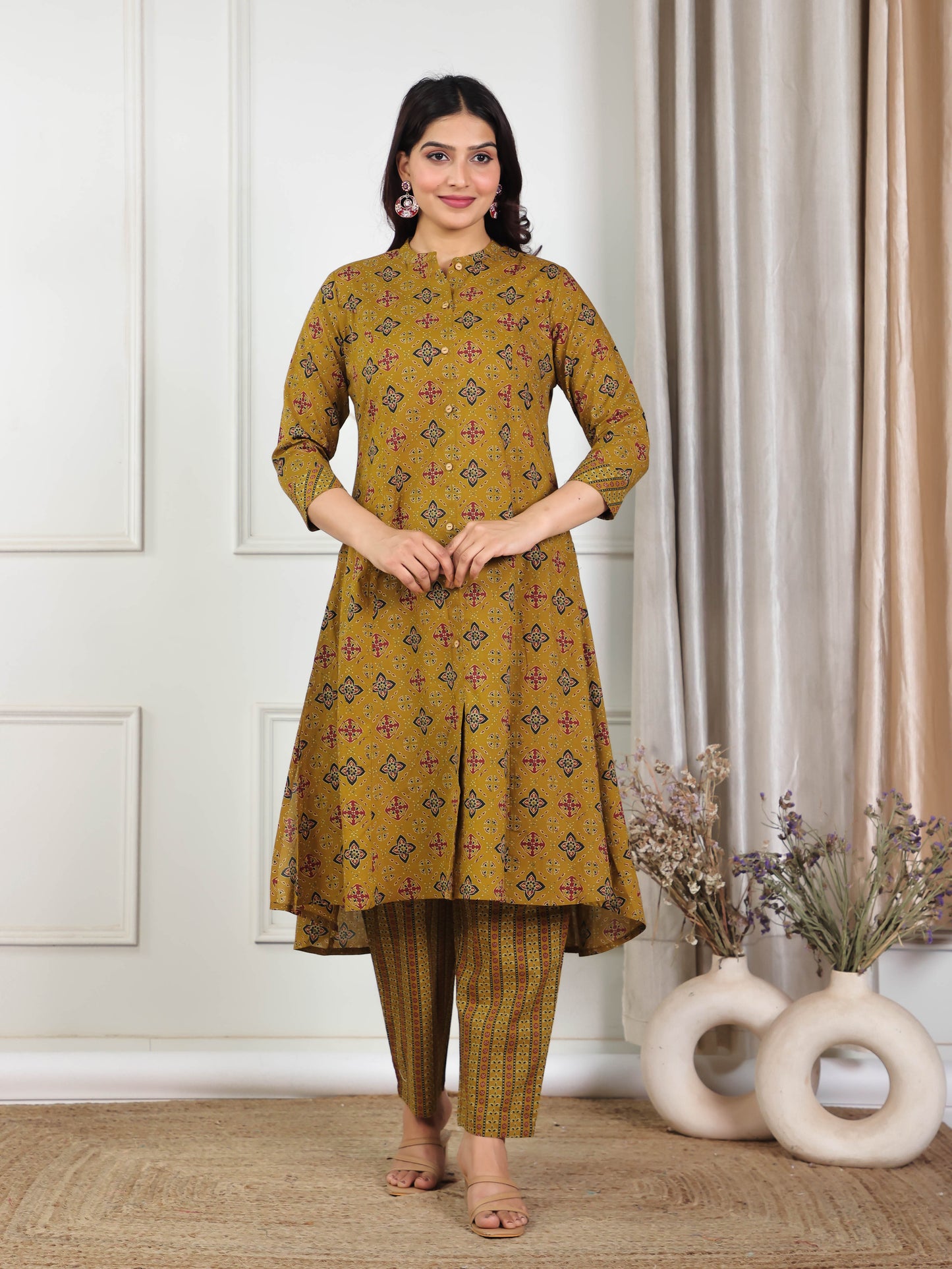 Soft Cotton Geometric High Low Yellow Kurta