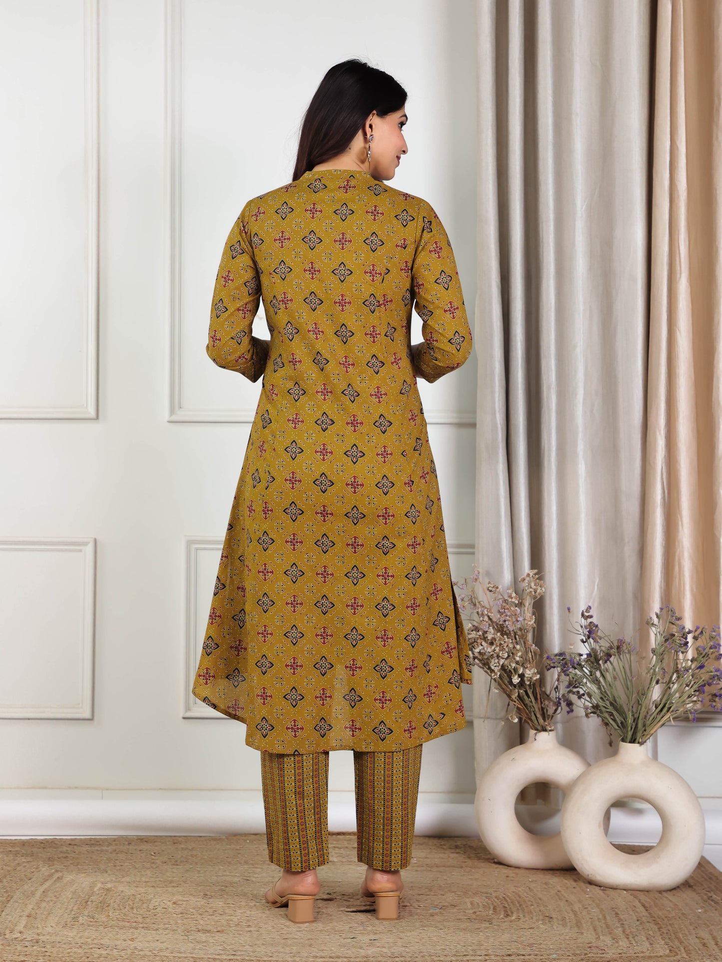 Soft Cotton Geometric High Low Yellow Kurta