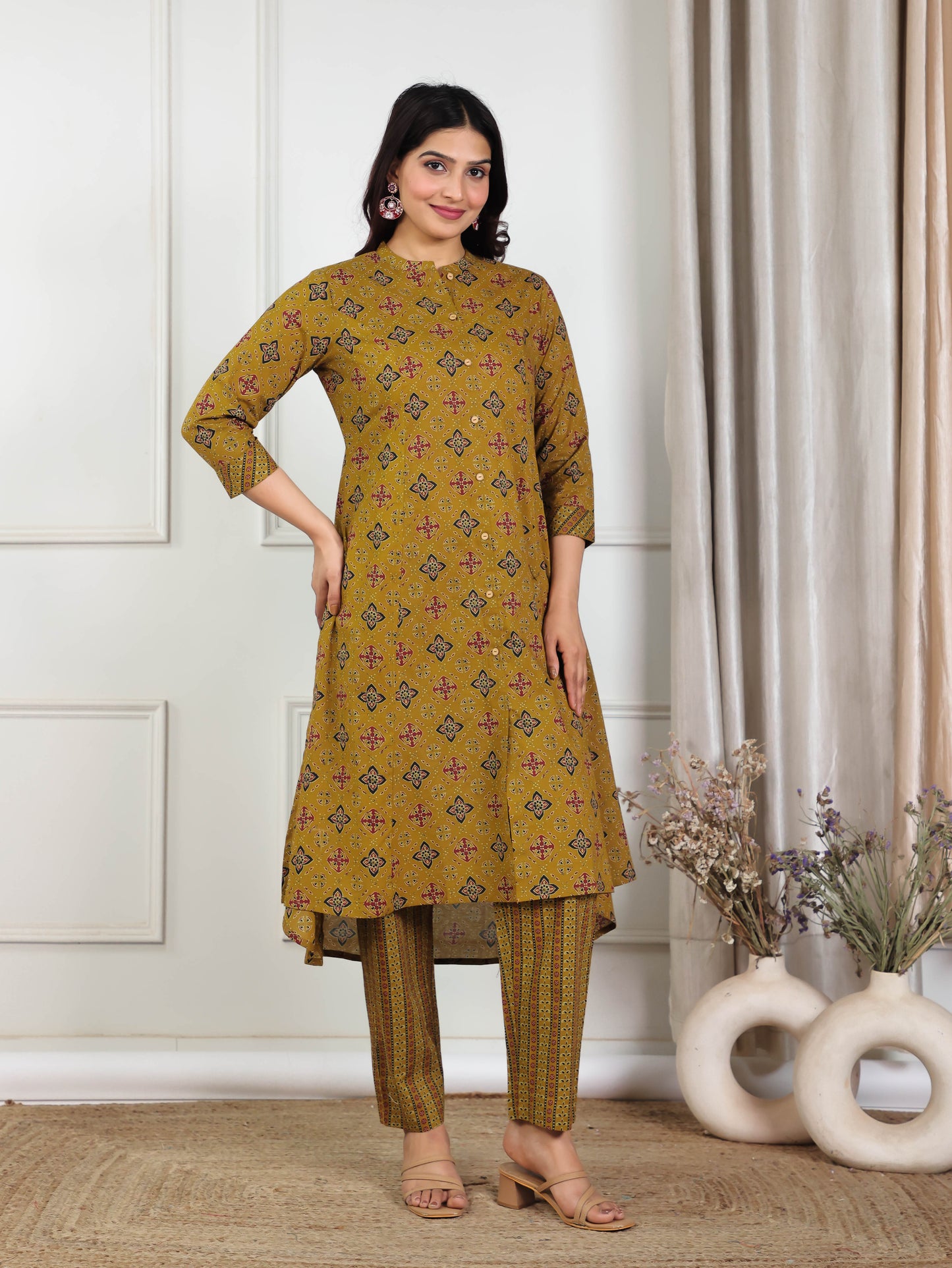 Soft Cotton Geometric High Low Yellow Kurta