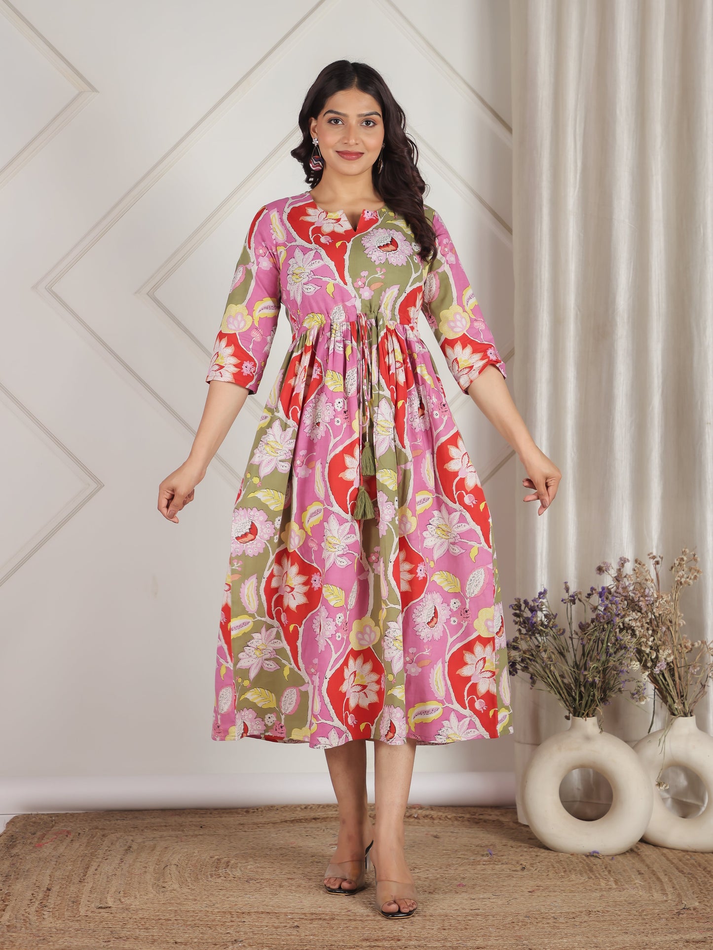 Soft Cotton Floral Gathered Pink Dress