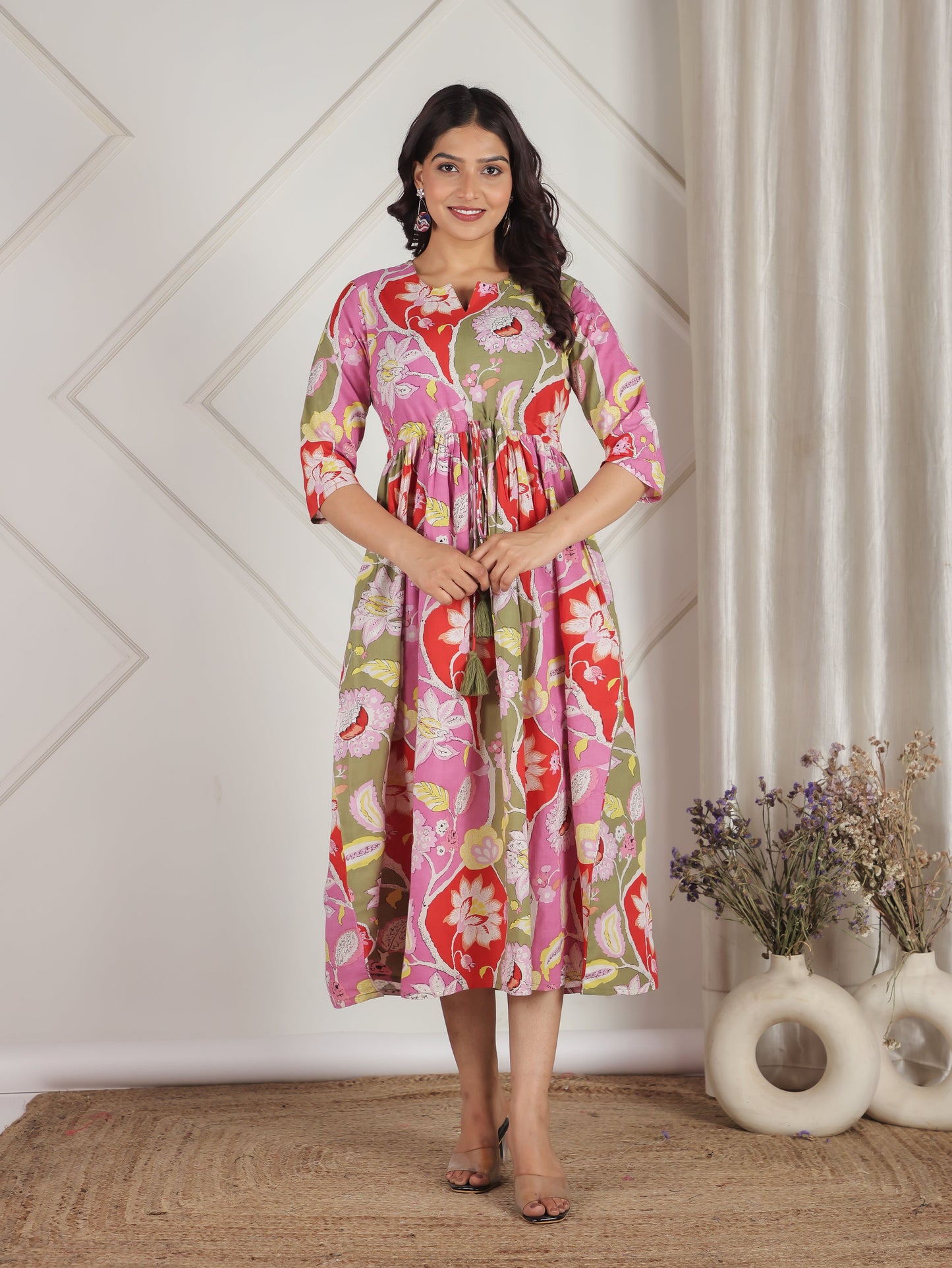 Soft Cotton Floral Gathered Pink Dress