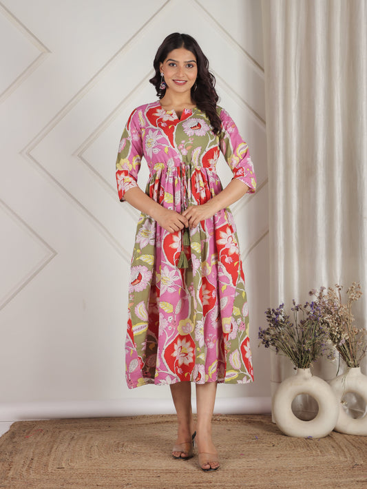 Soft Cotton Floral Gathered Pink Dress