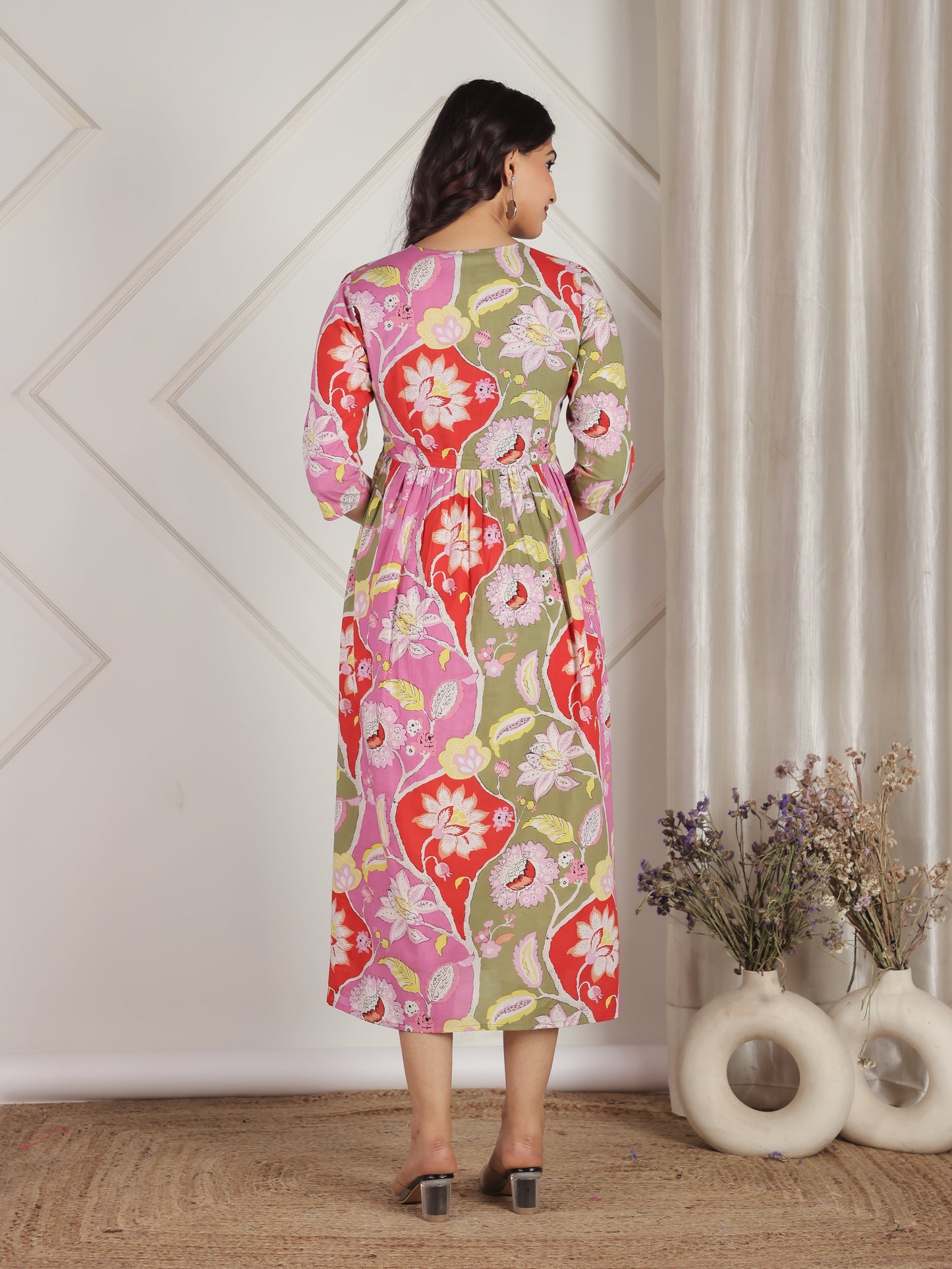 Soft Cotton Floral Gathered Pink Dress