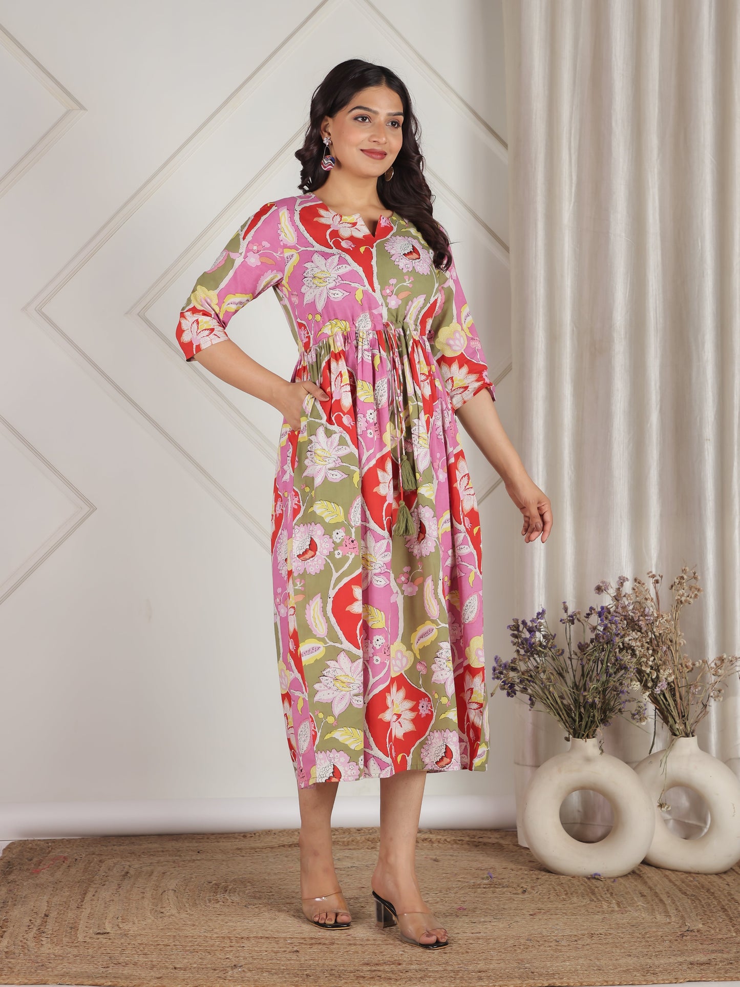 Soft Cotton Floral Gathered Pink Dress