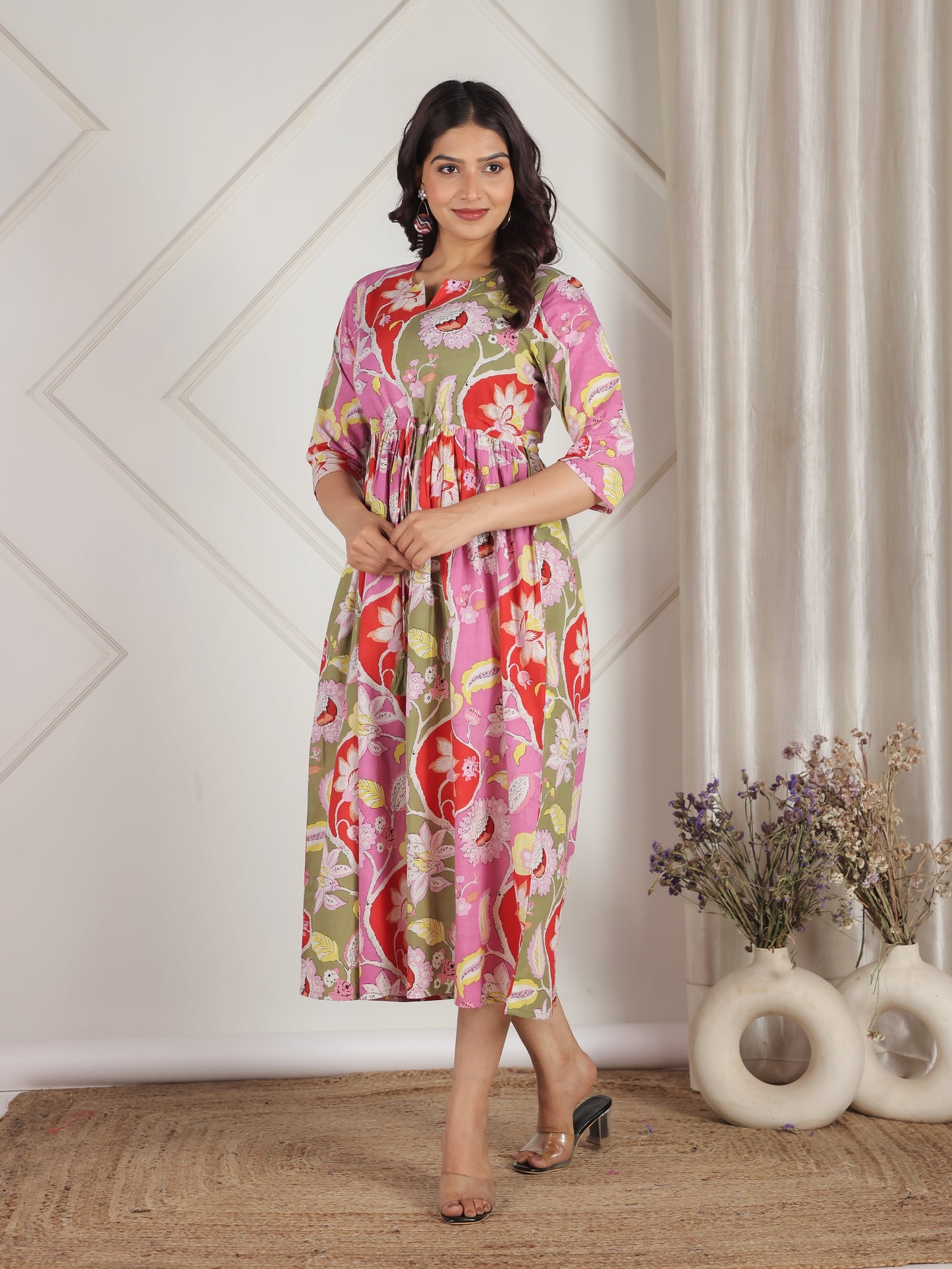 Soft Cotton Floral Gathered Pink Dress