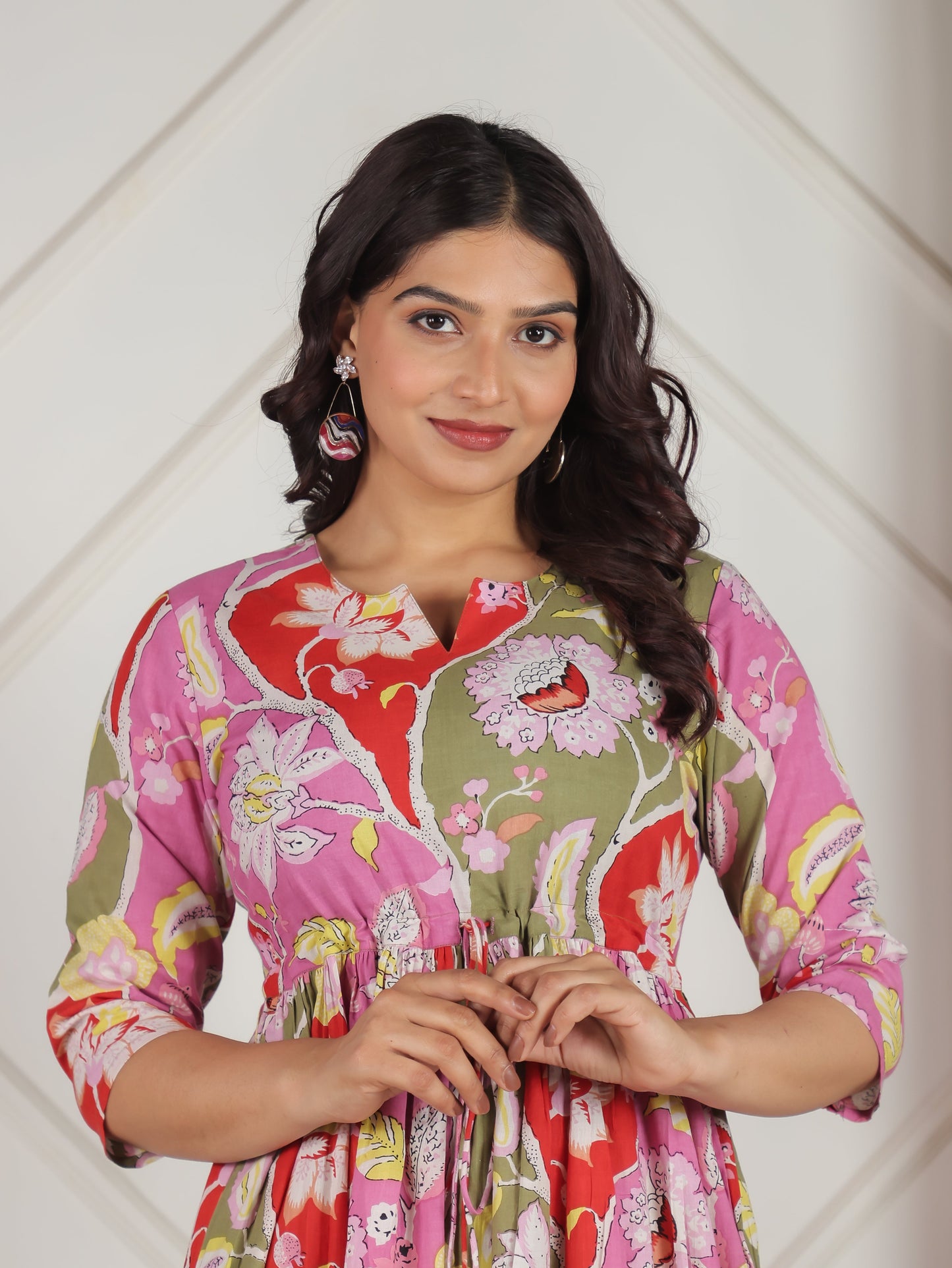 Soft Cotton Floral Gathered Pink Dress