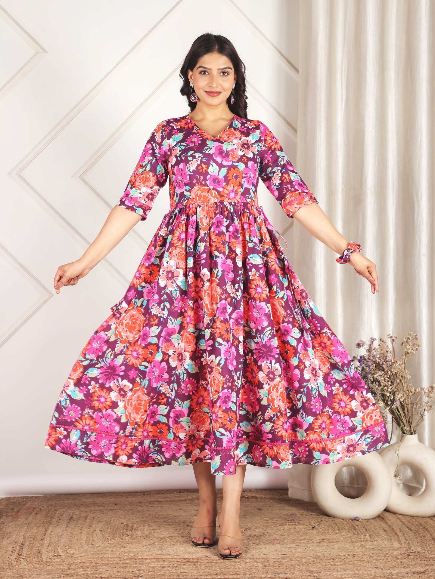 Soft Cotton Floral Angrakha Purple Dress