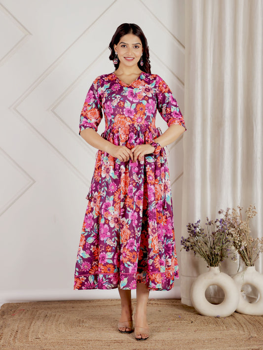 Soft Cotton Floral Angrakha Purple Dress