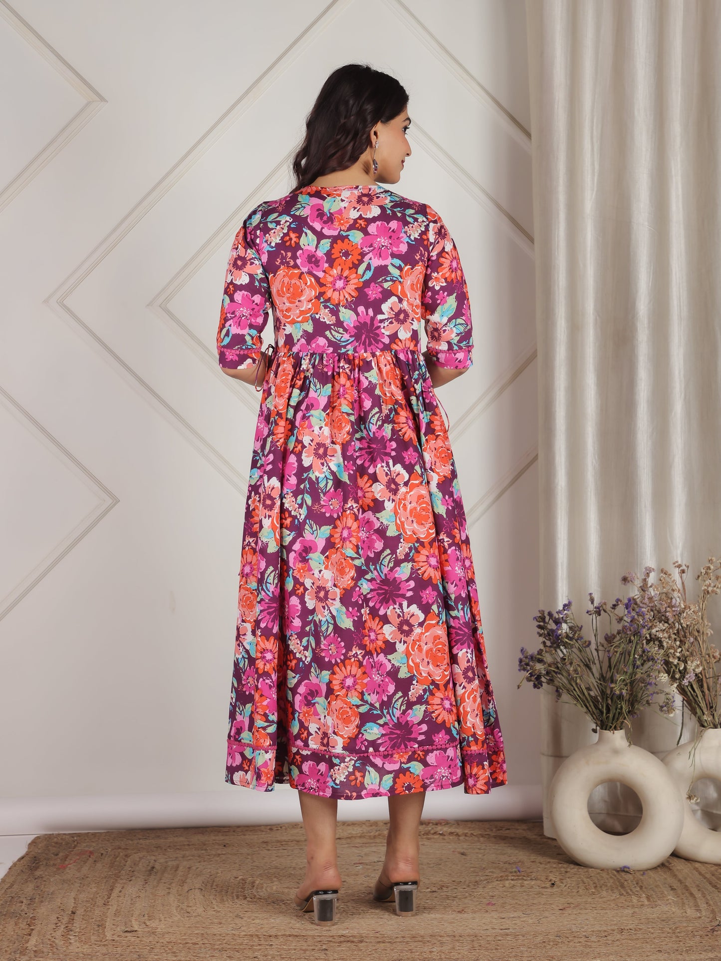 Soft Cotton Floral Angrakha Purple Dress