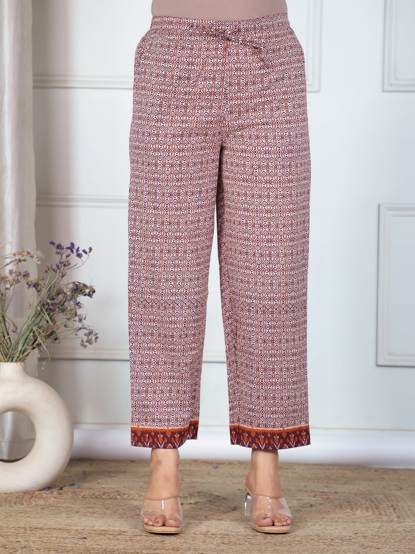 Soft Cotton Ikat Beige Trousers Straight Trousers