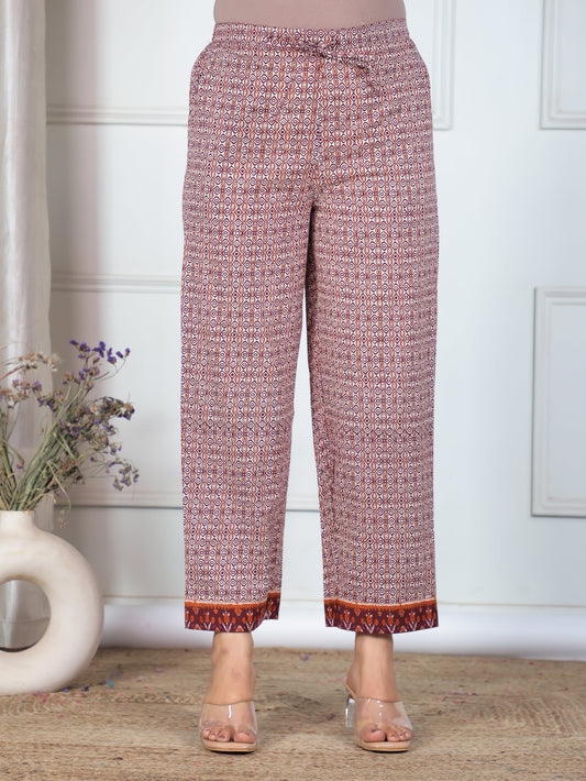 Soft Cotton Ikat Beige Trousers Straight Trousers