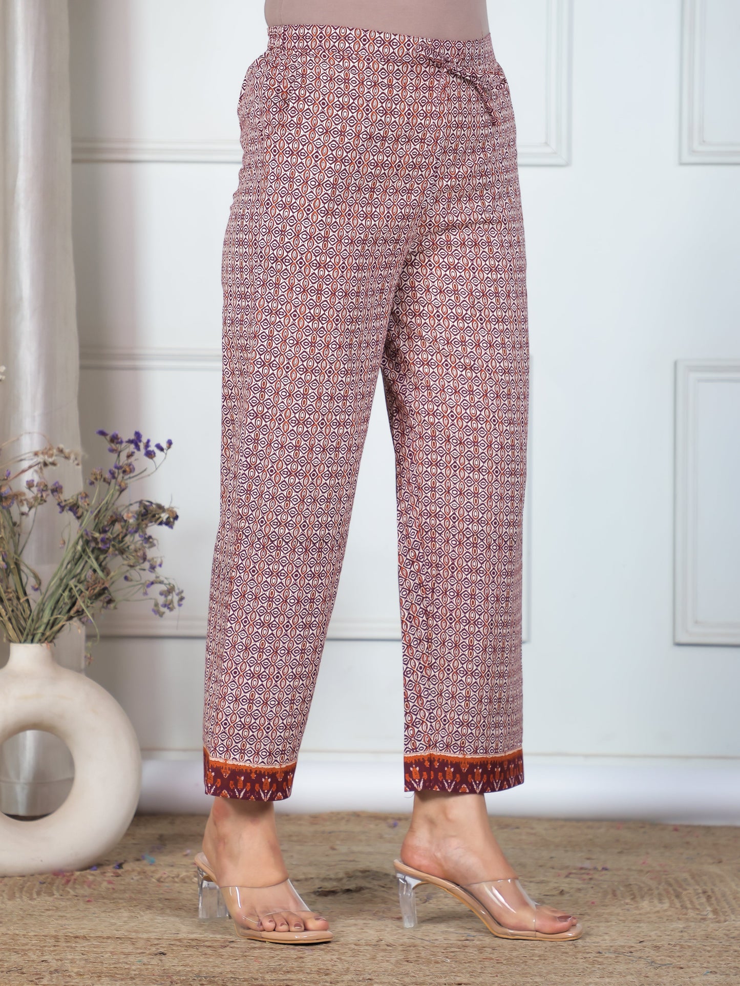 Soft Cotton Ikat Beige Trousers Straight Trousers