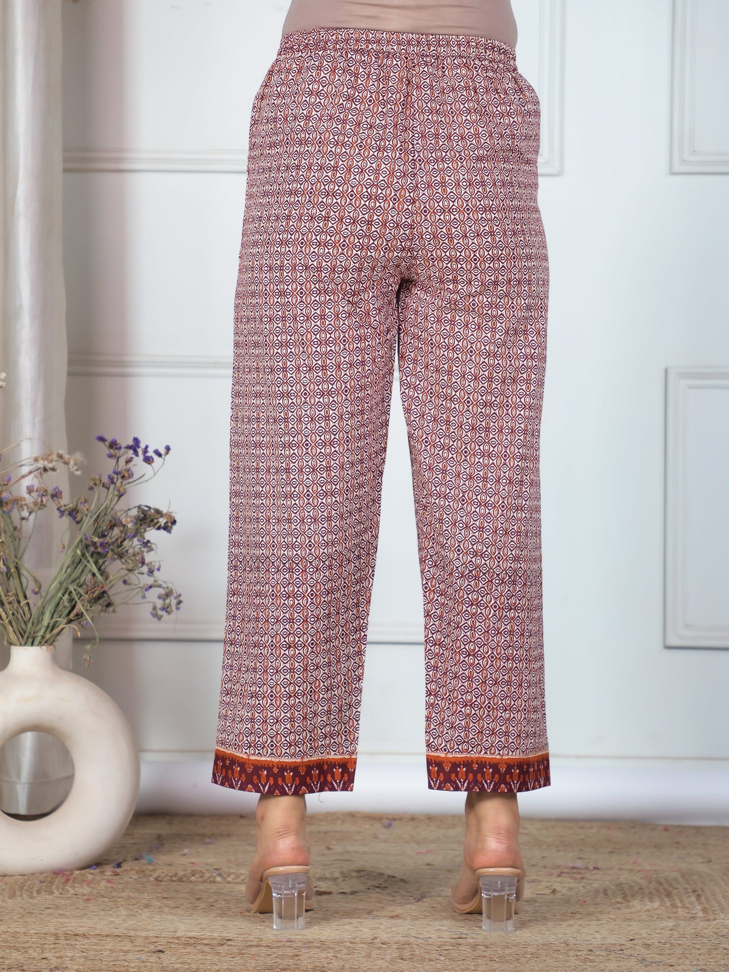 Soft Cotton Ikat Beige Trousers Straight Trousers