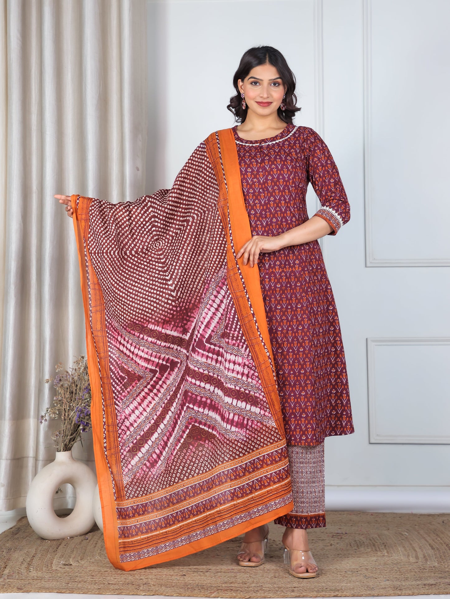 Cotton Voile Ikat Wine Dupatta