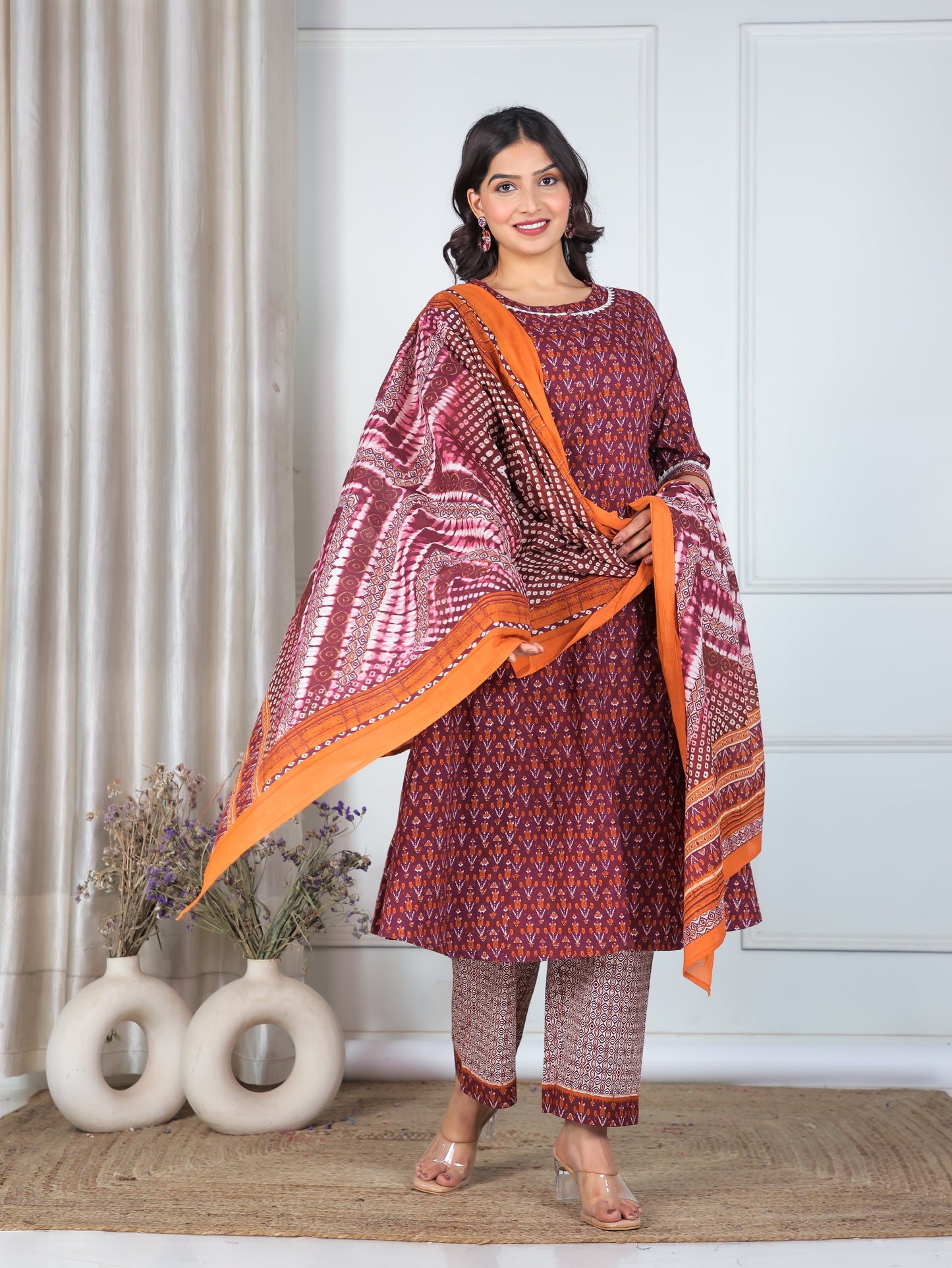 Cotton Voile Ikat Wine Dupatta