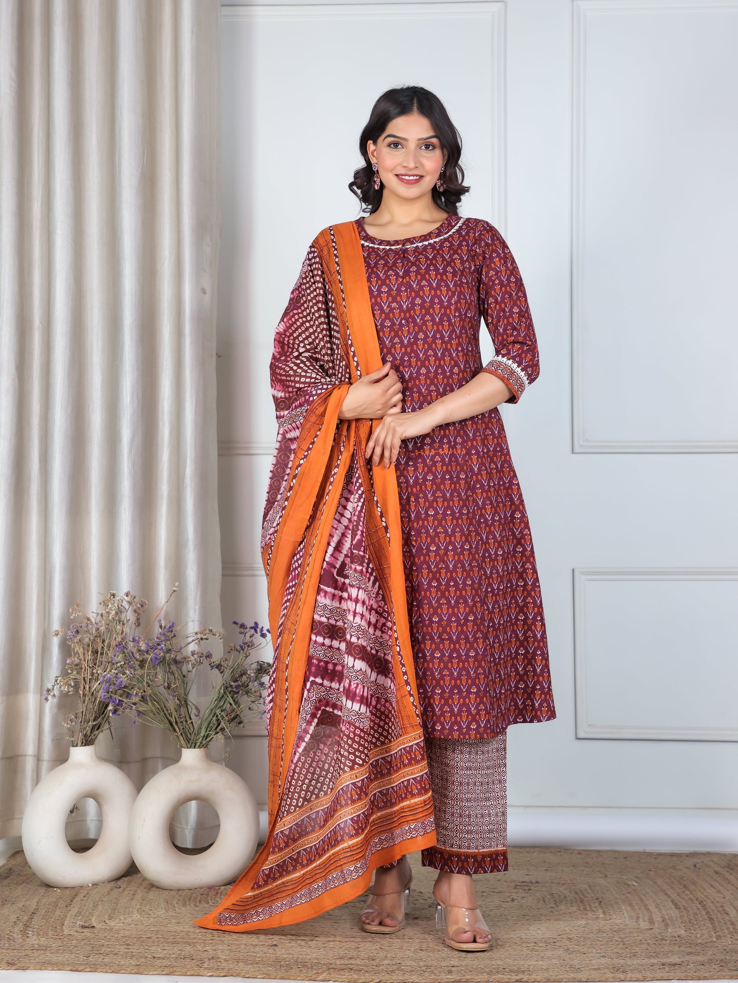 Cotton Voile Ikat Wine Dupatta