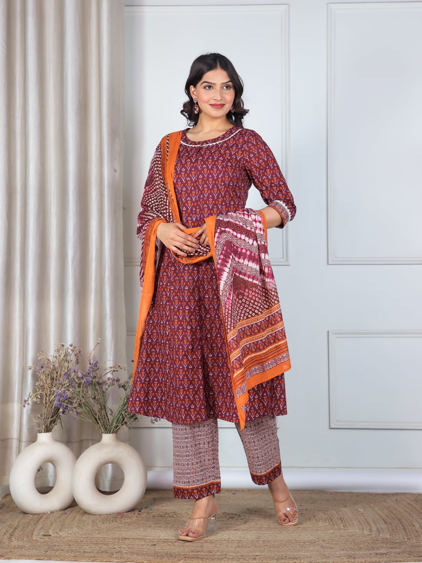 Soft Cotton Ikat A-line Wine Kurta