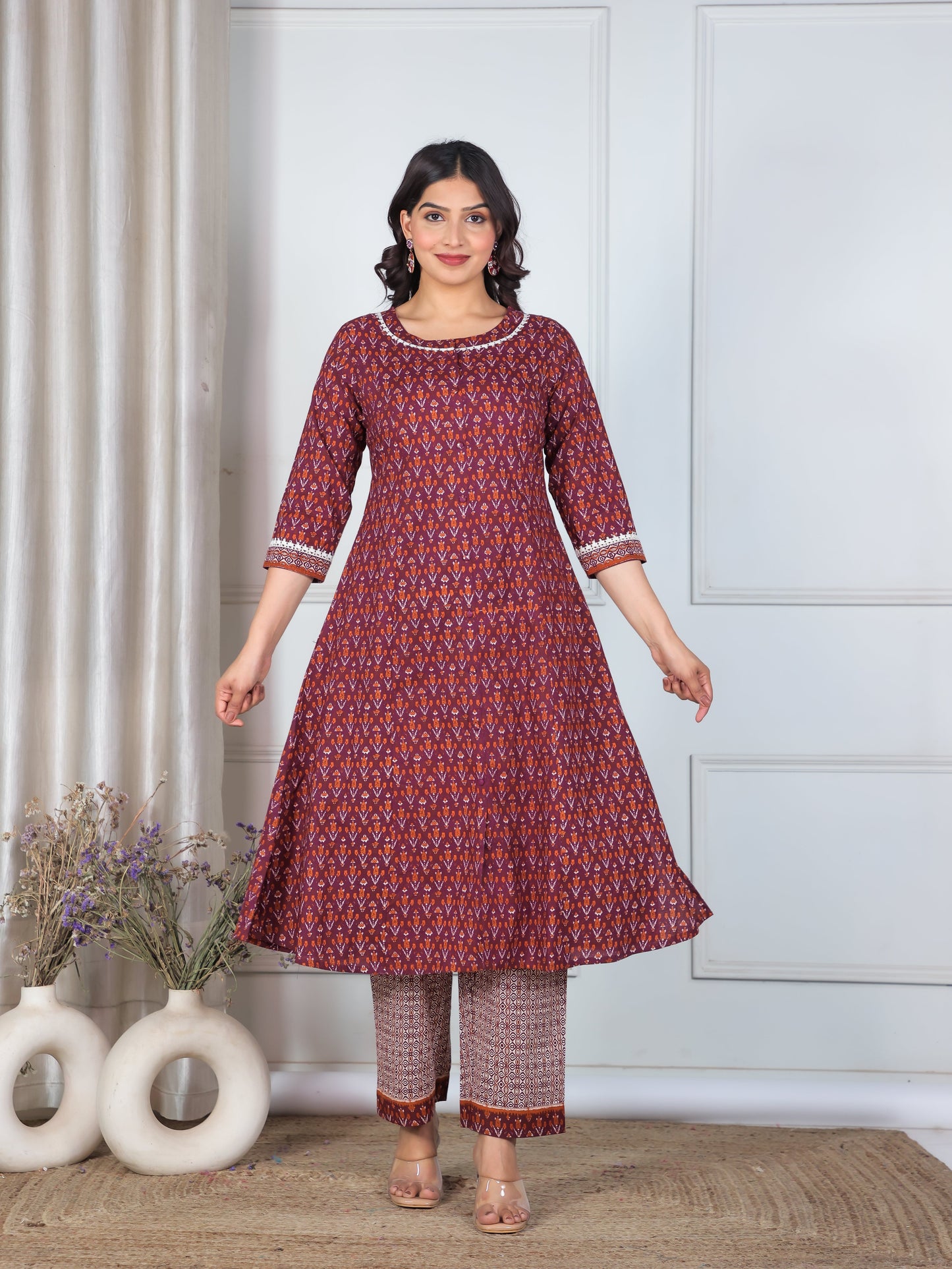 Soft Cotton Ikat A-line Wine Kurta