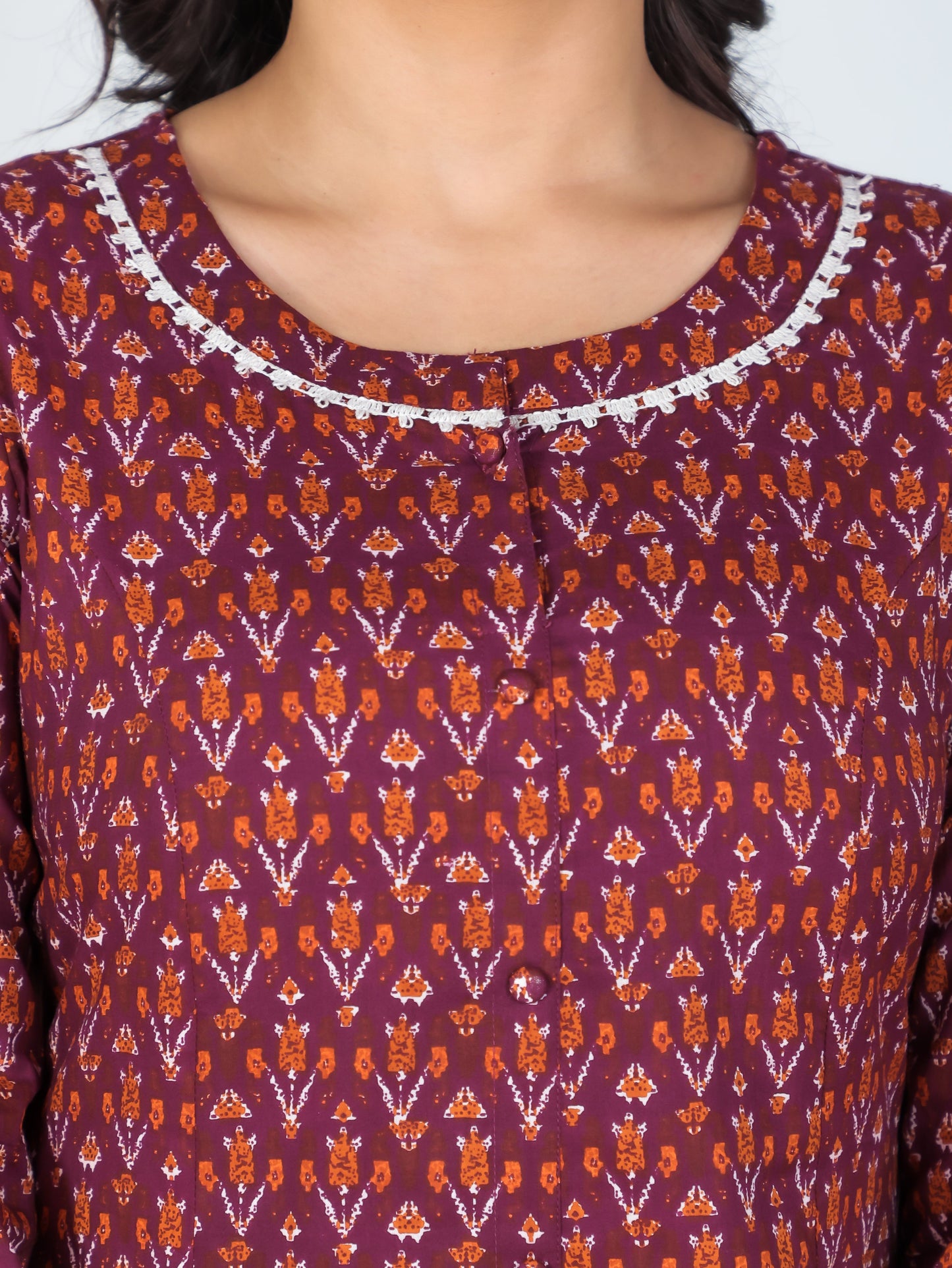 Soft Cotton Ikat A-line Wine Kurta