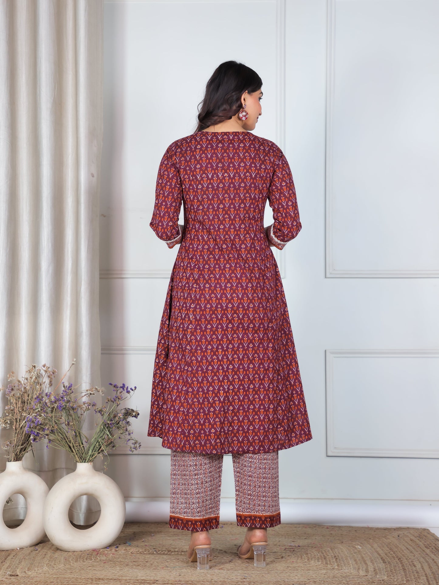 Soft Cotton Ikat A-line Wine Kurta