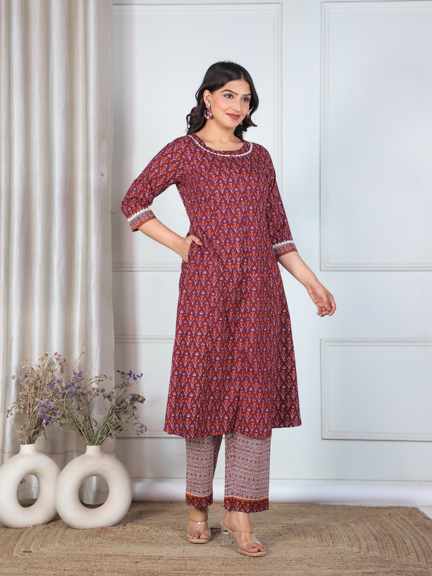 Soft Cotton Ikat A-line Wine Kurta