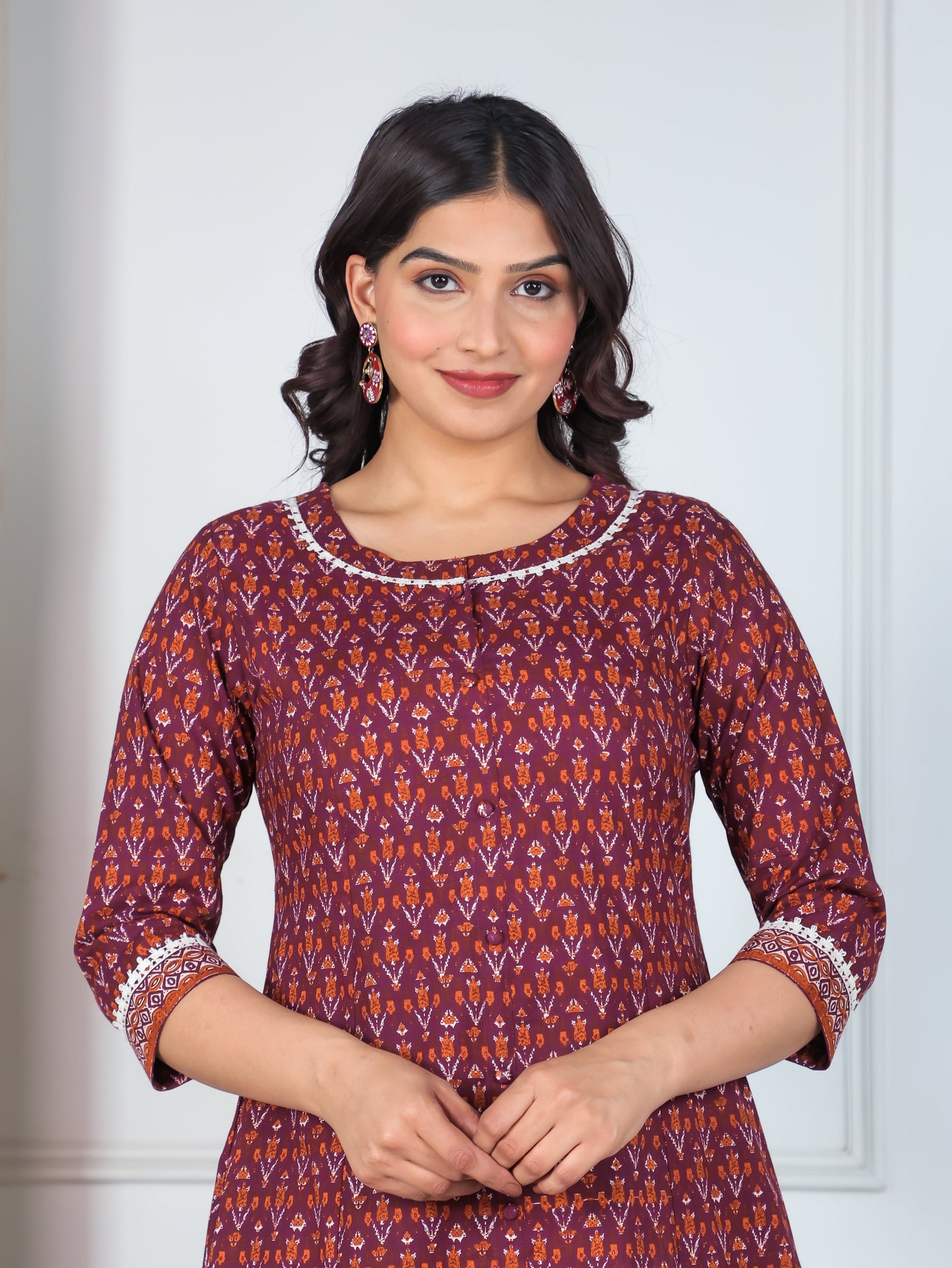 Soft Cotton Ikat A-line Wine Kurta