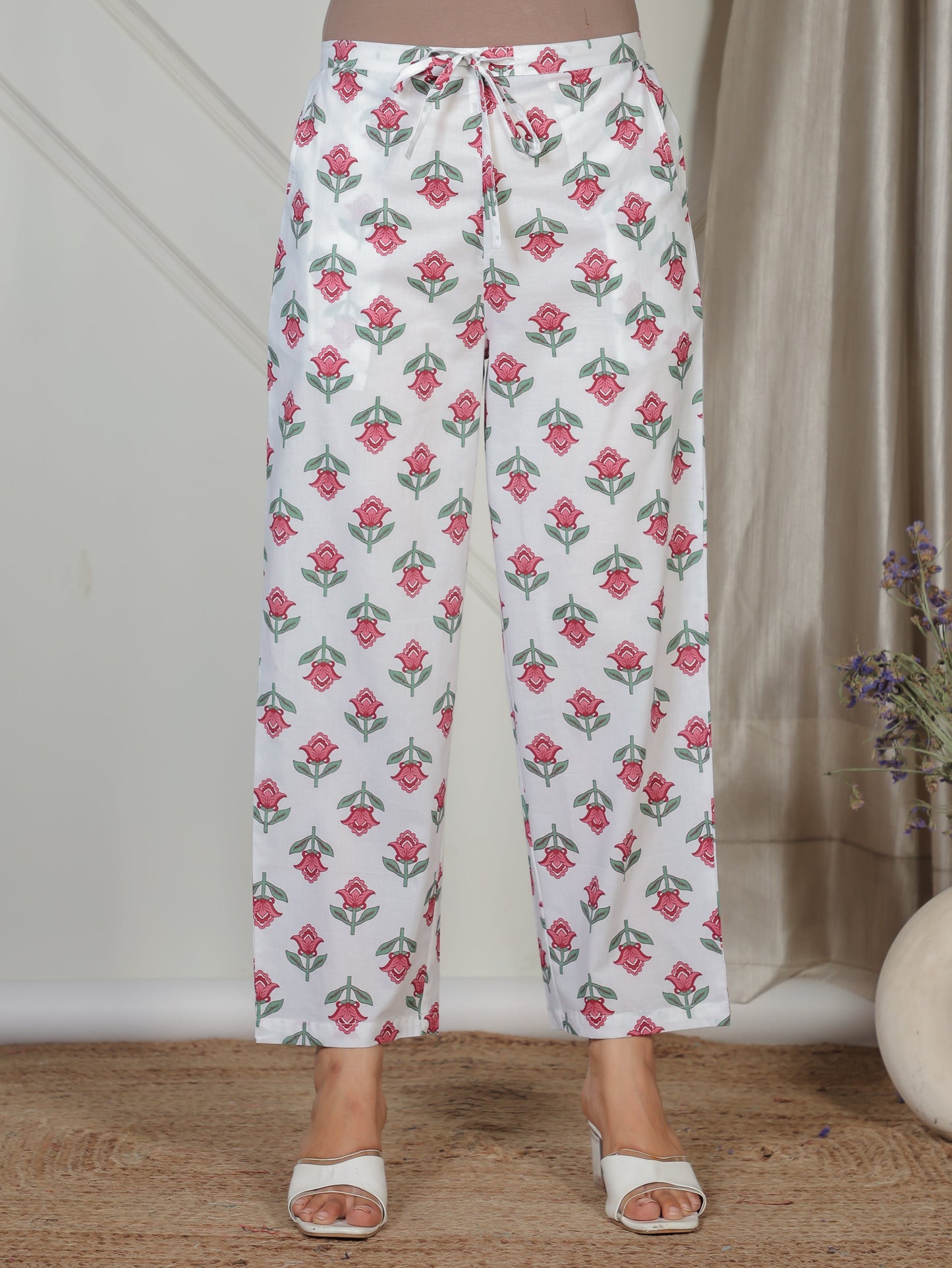 Soft Cotton Floral White Straight Trousers
