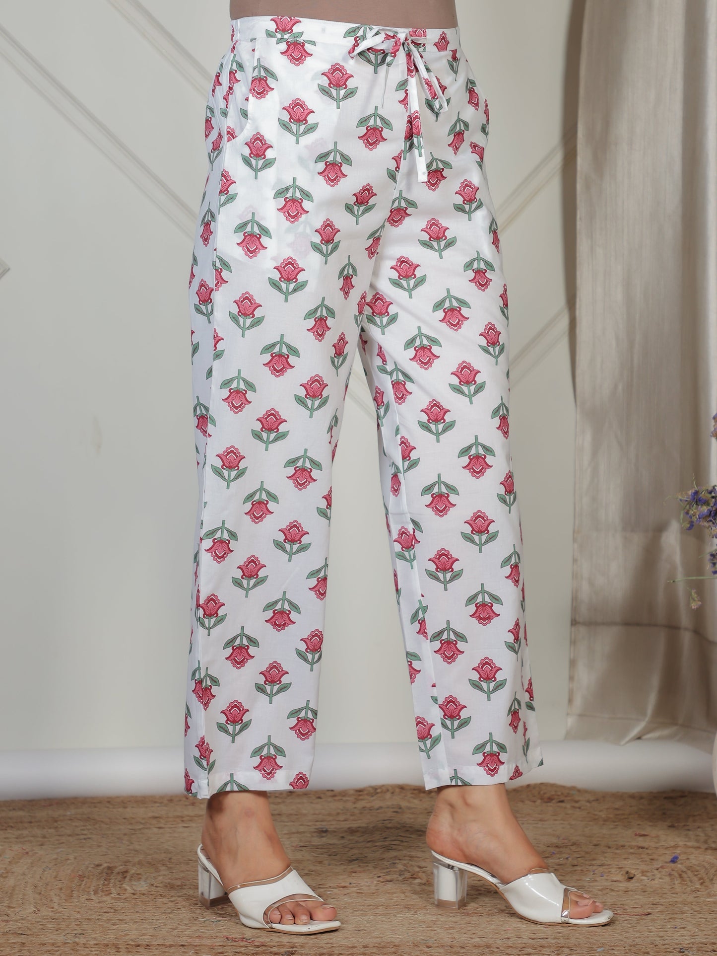 Soft Cotton Floral White Straight Trousers