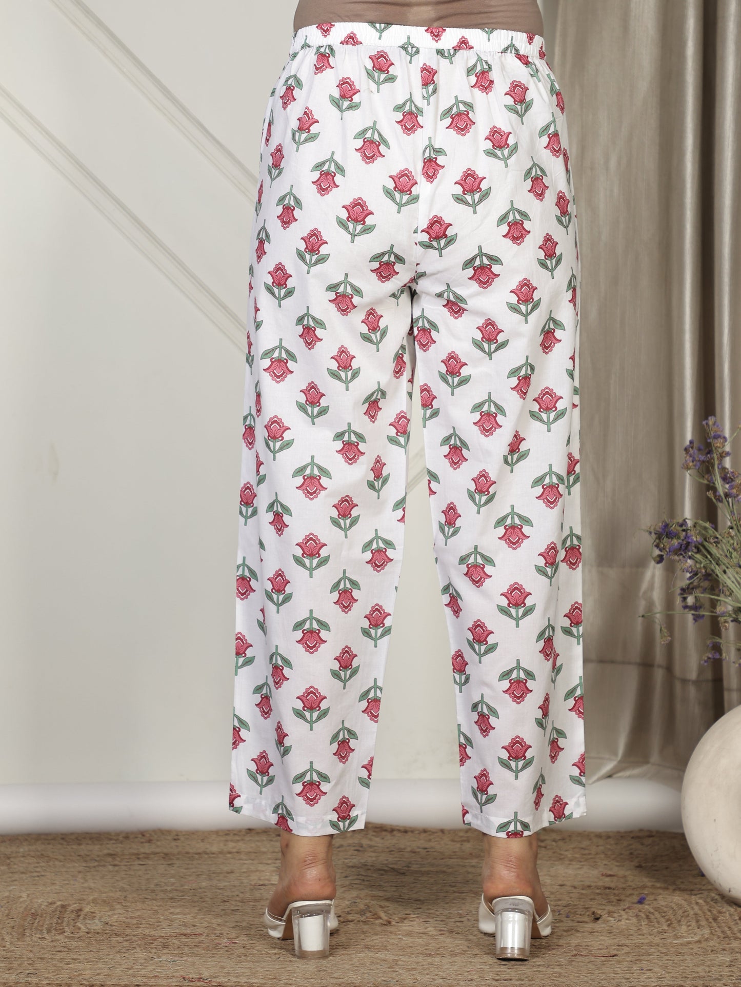 Soft Cotton Floral White Straight Trousers