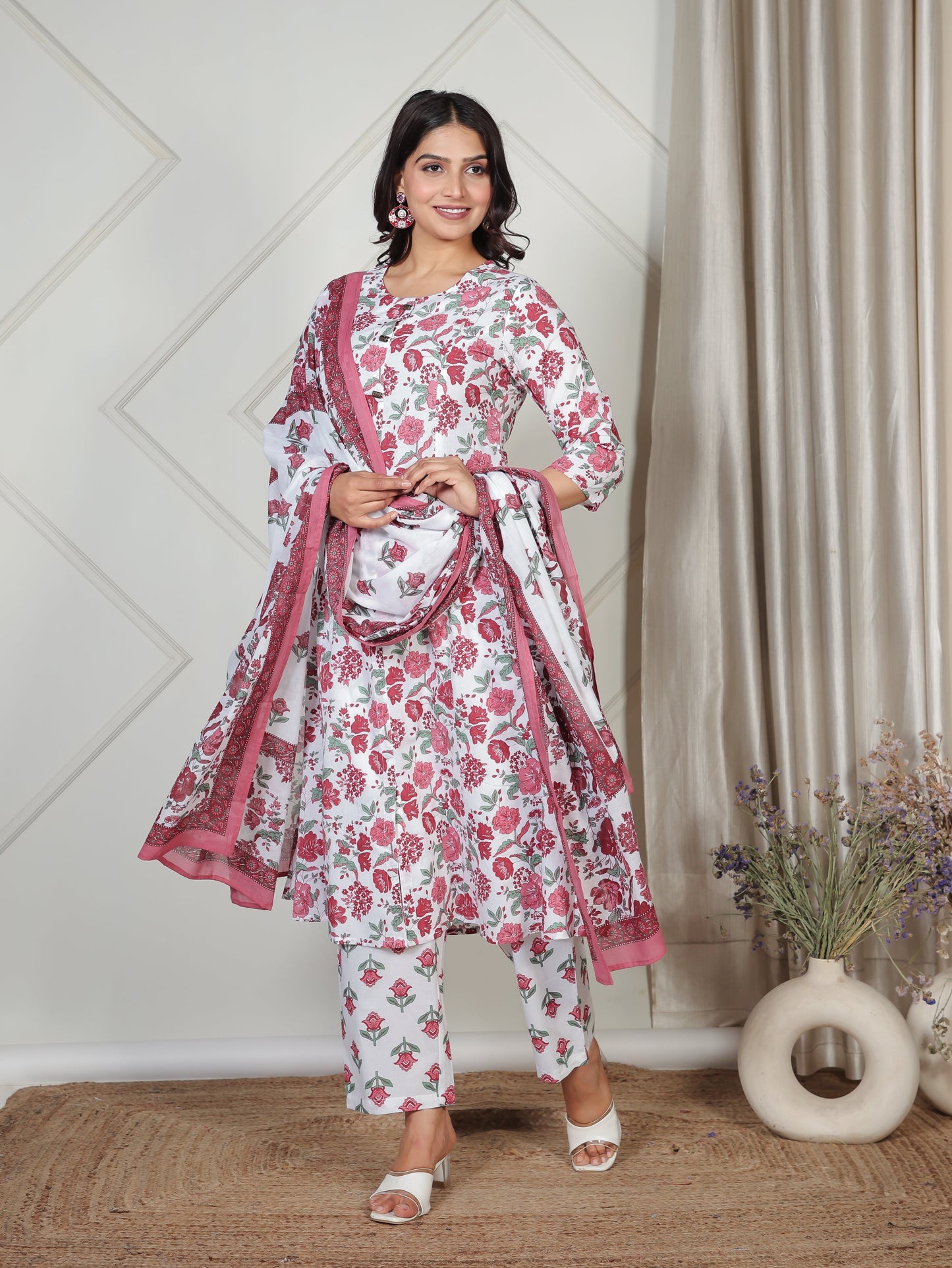 Soft Cotton Floral Flared White Kurta