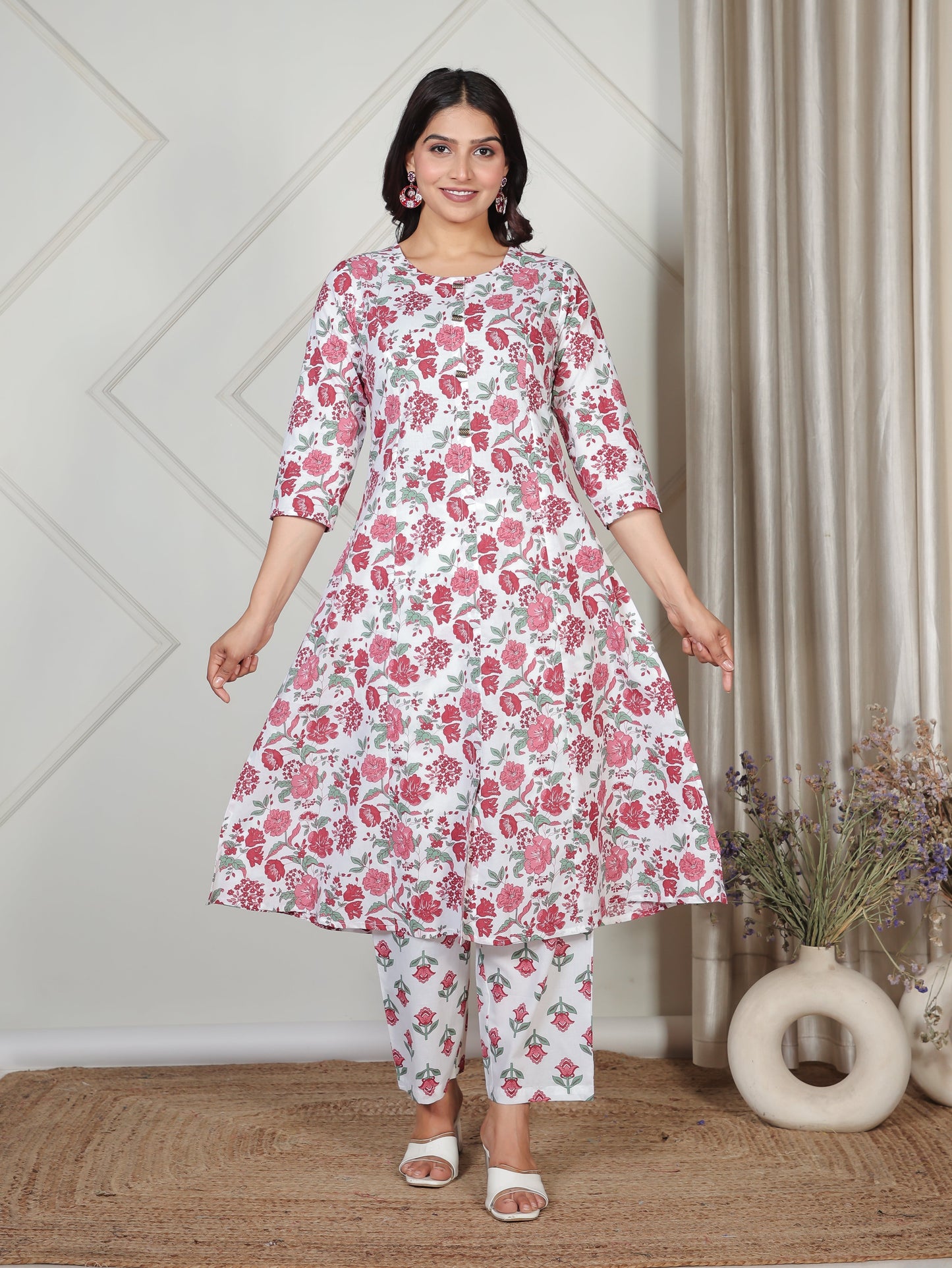 Soft Cotton Floral Flared White Kurta