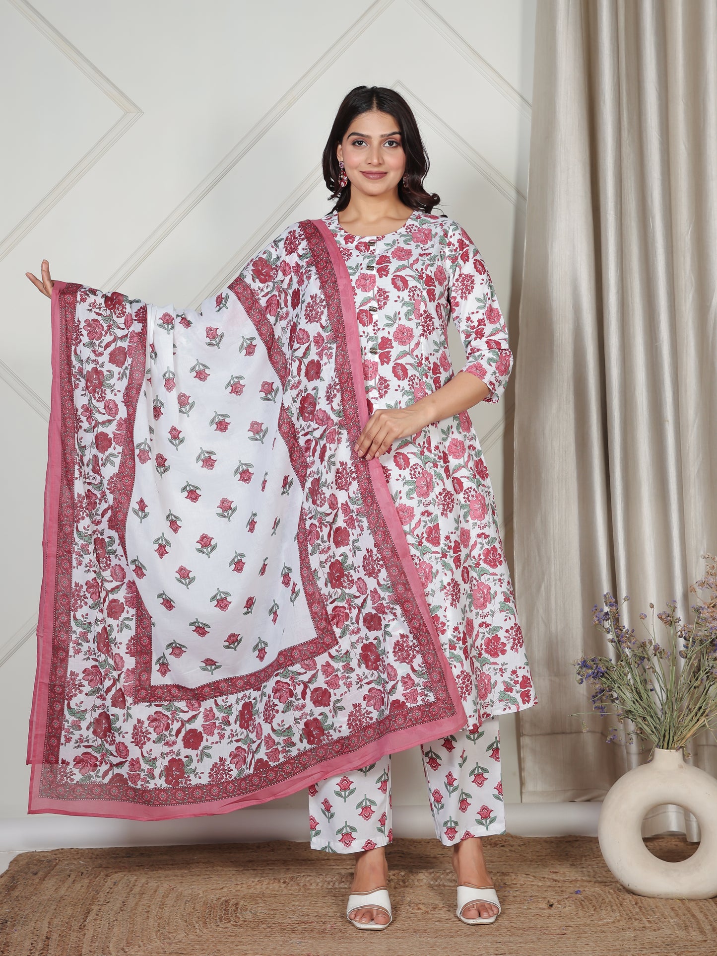 Soft Cotton Floral Flared White Kurta