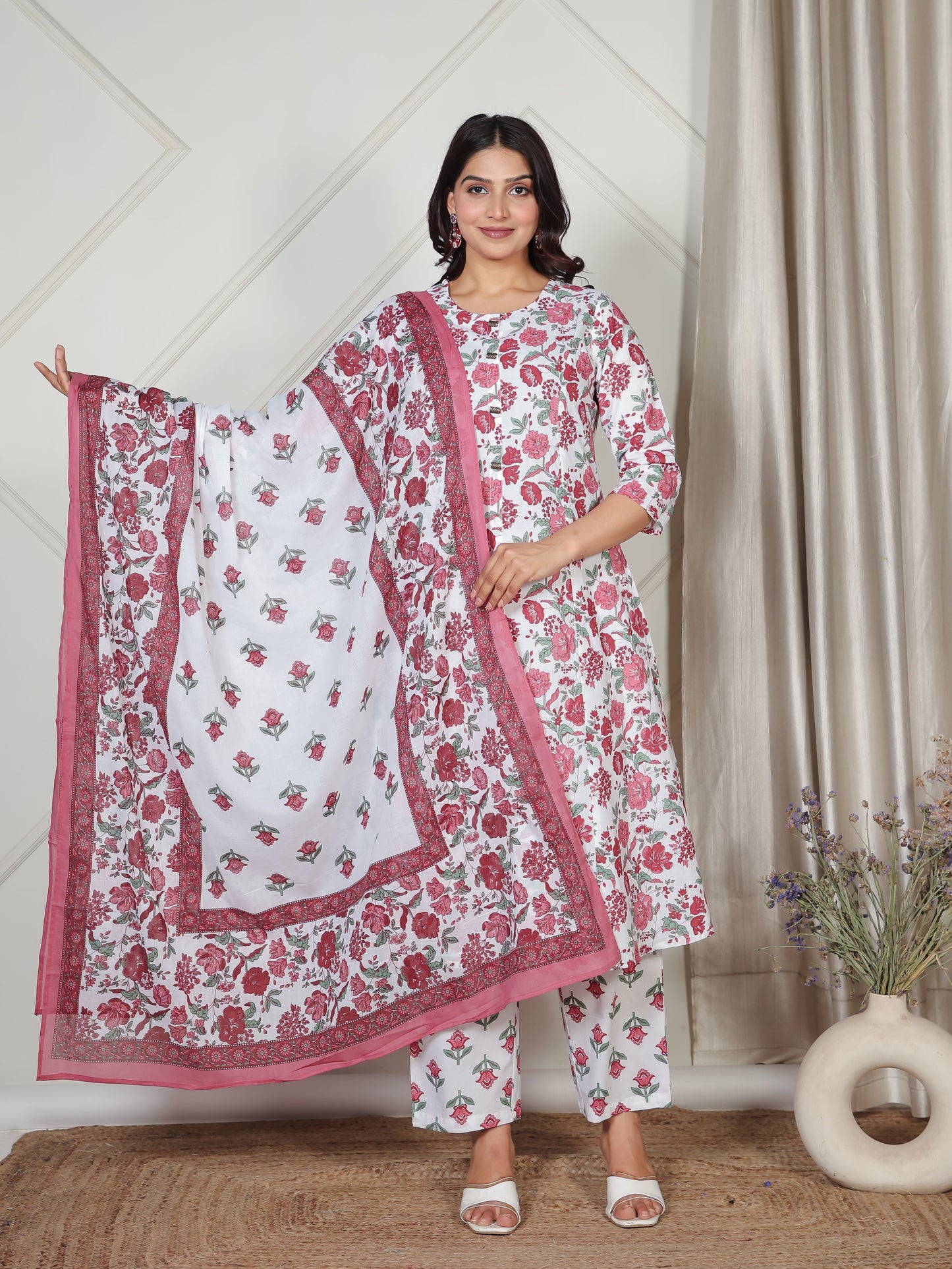 Soft Cotton Floral Flared White Kurta