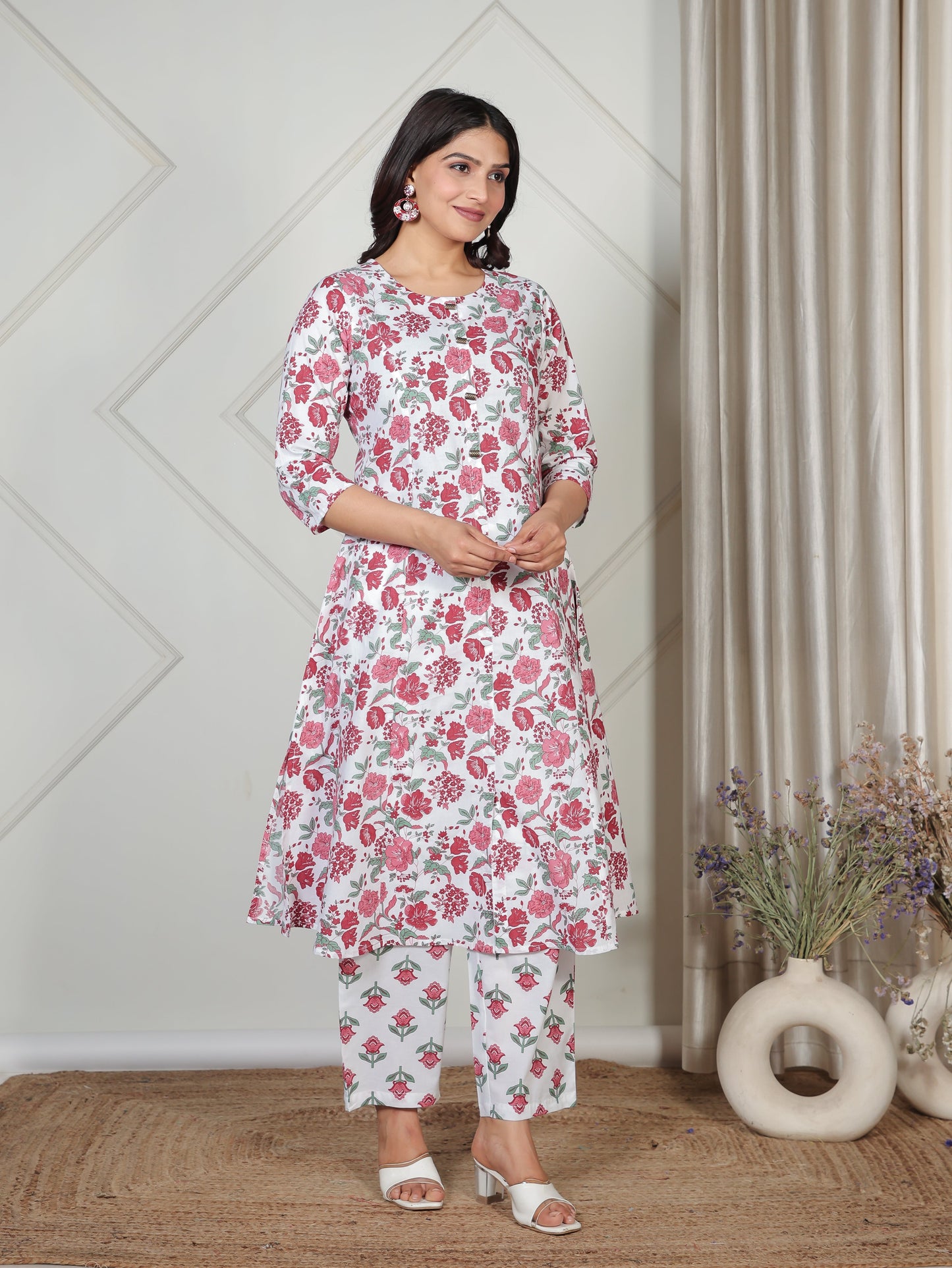 Soft Cotton Floral Flared White Kurta