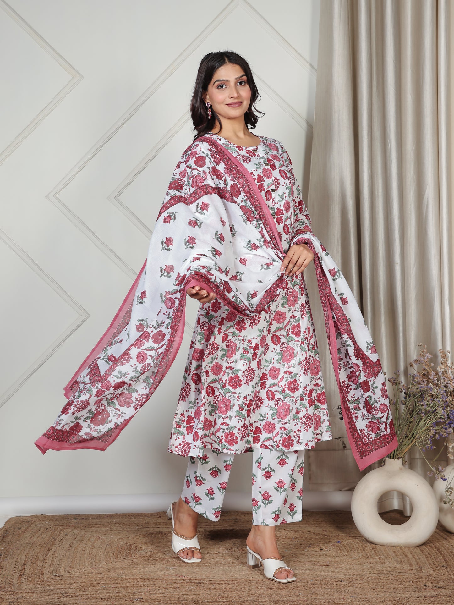 Soft Cotton Floral Flared White Kurta