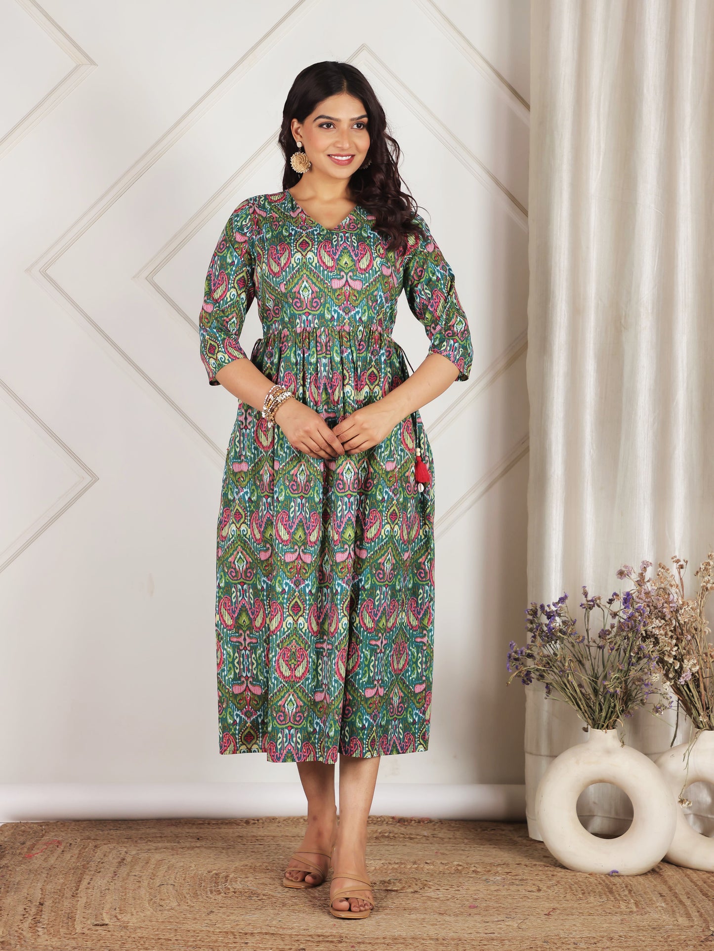 Soft Cotton Paisley A-line Green Dress