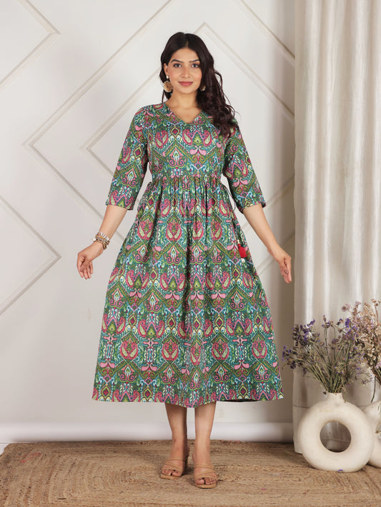 Soft Cotton Paisley A-line Green Dress