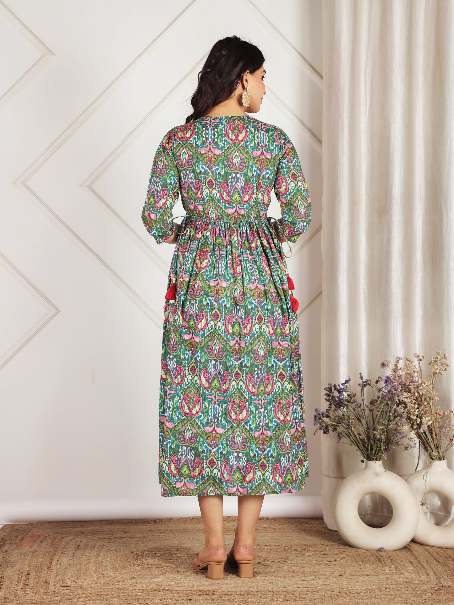 Soft Cotton Paisley A-line Green Dress